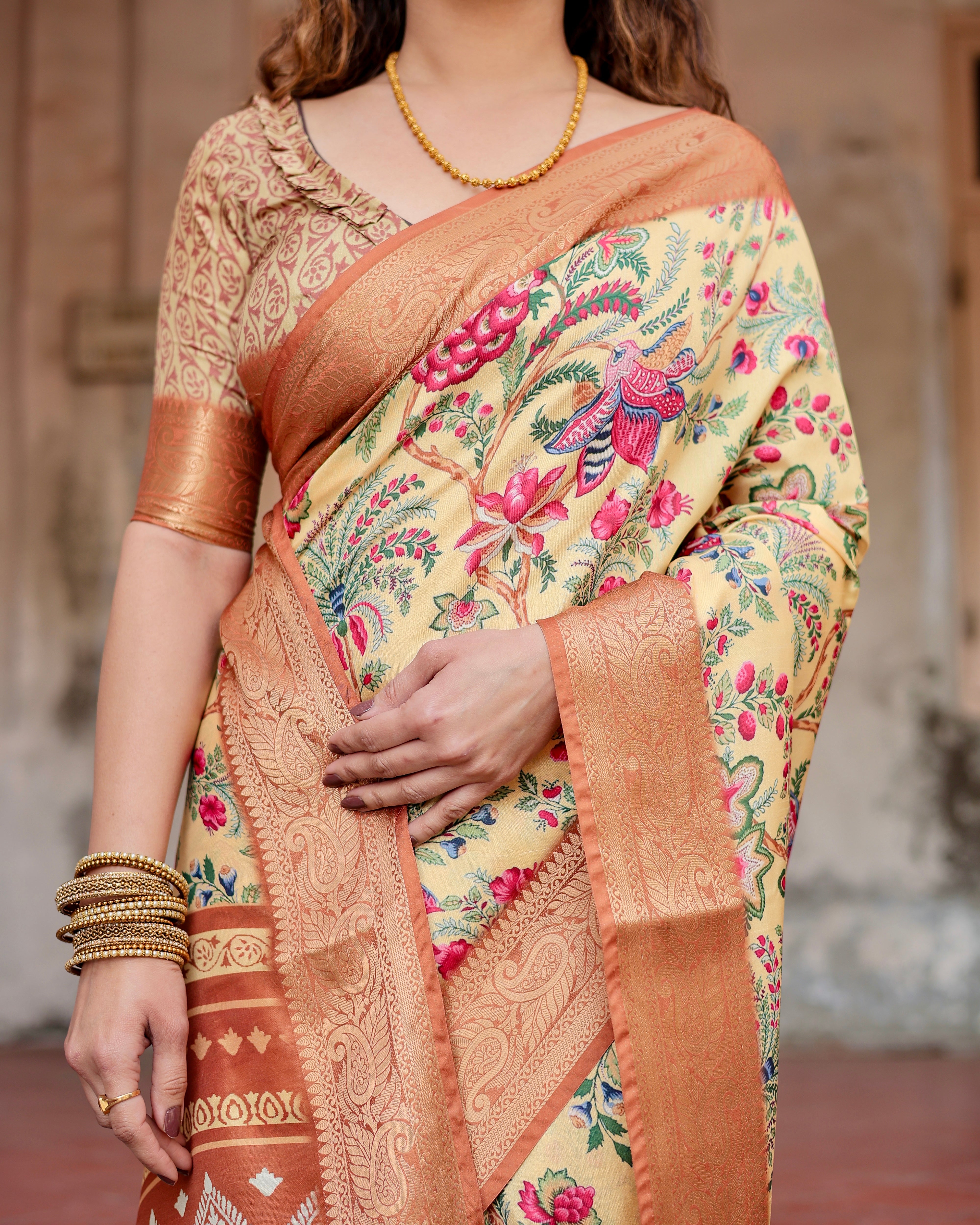 Golden  Color Zari Border Floral Printed Silk Designer Saree