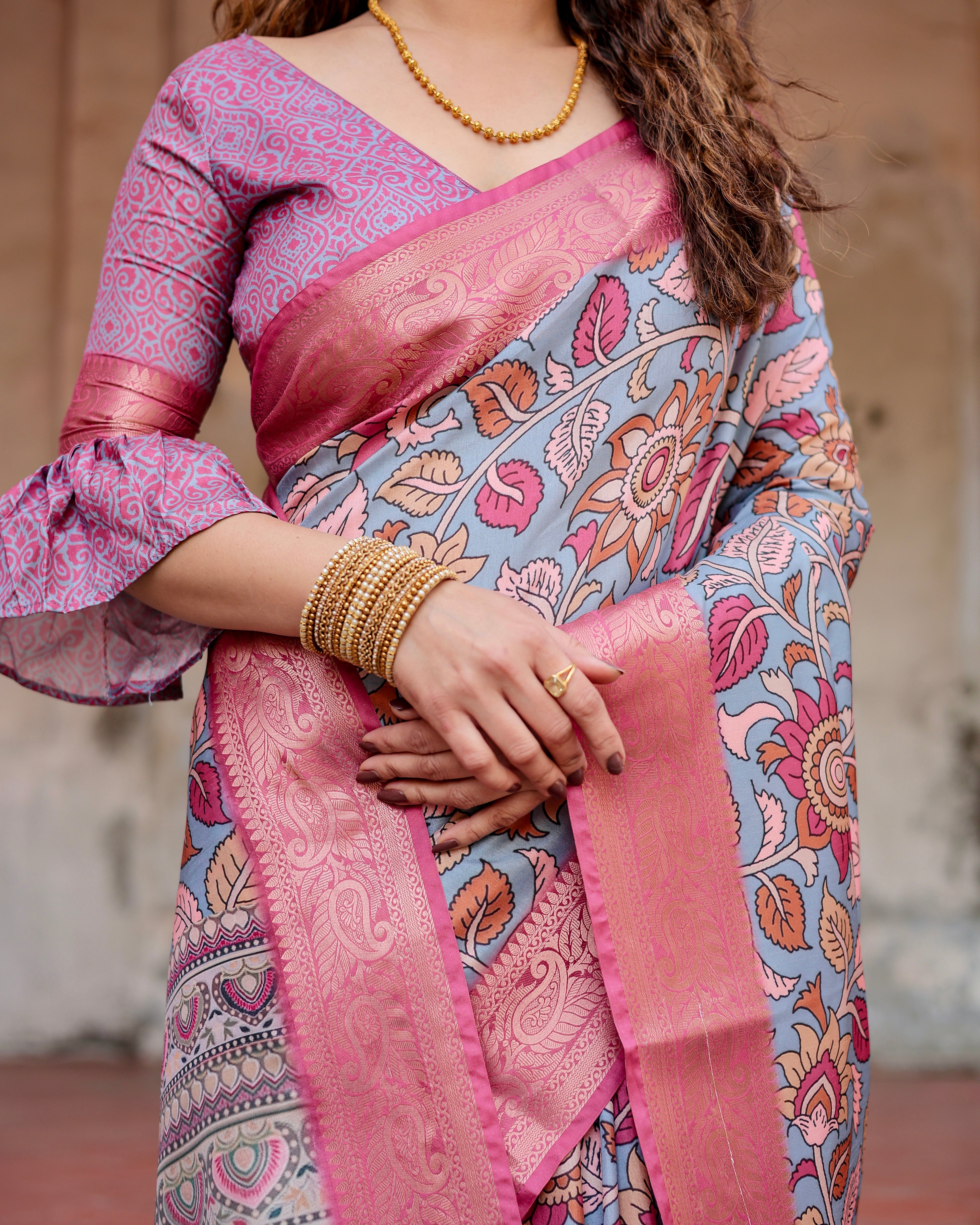 Peach Color Zari Border Floral Printed Silk Designer Saree