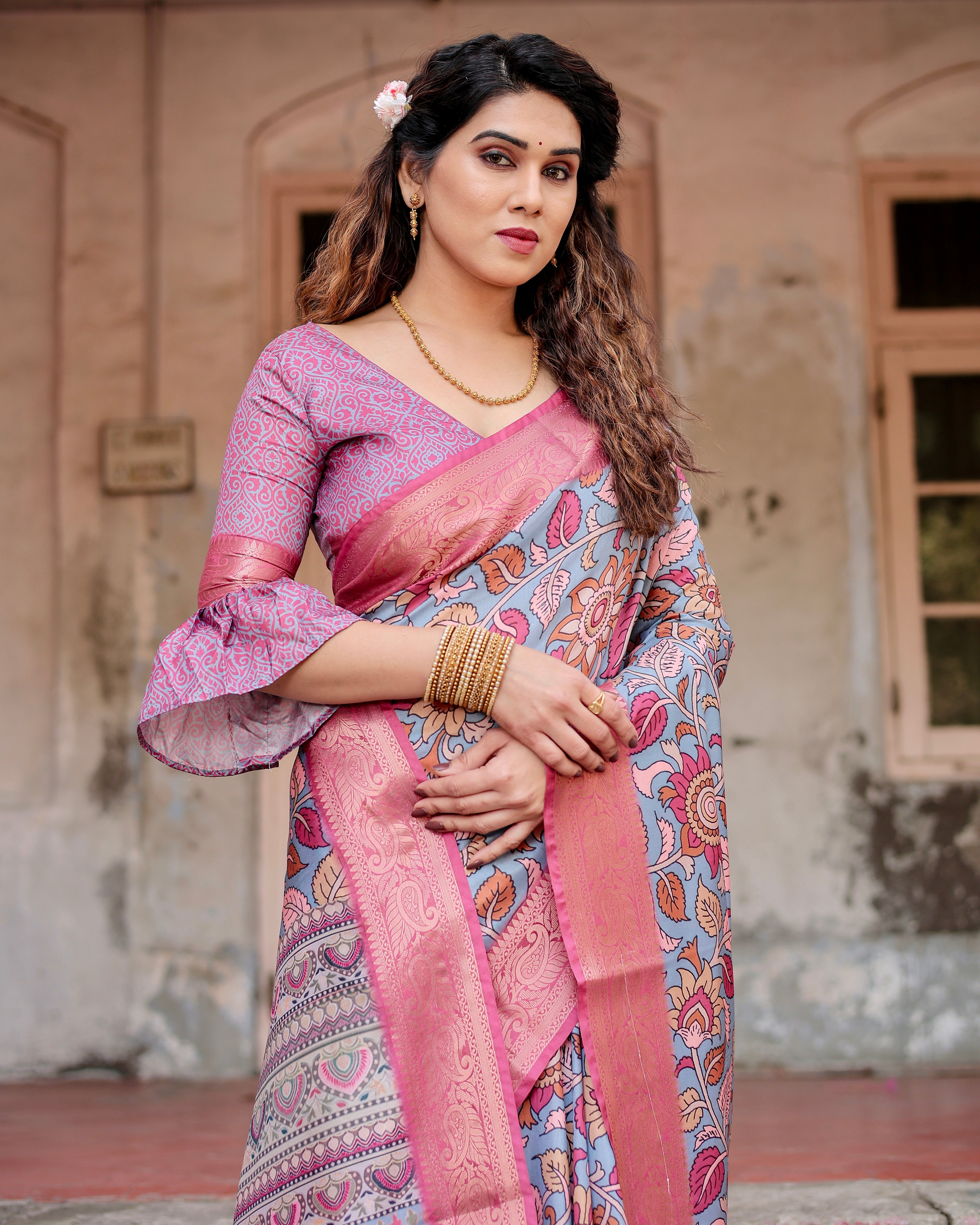 Peach Color Zari Border Floral Printed Silk Designer Saree