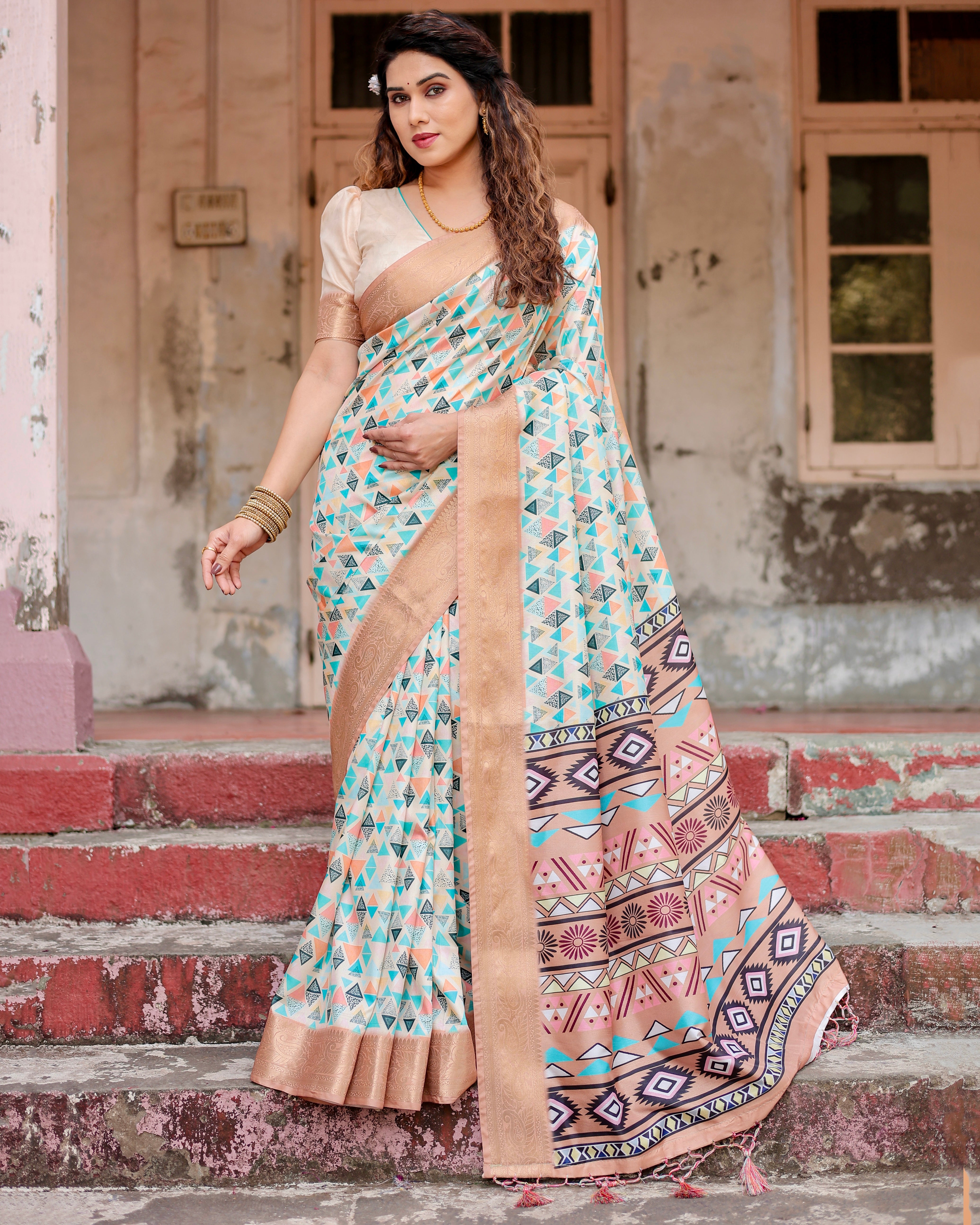 Multi Color Zari Border Floral Printed Silk Designer Saree