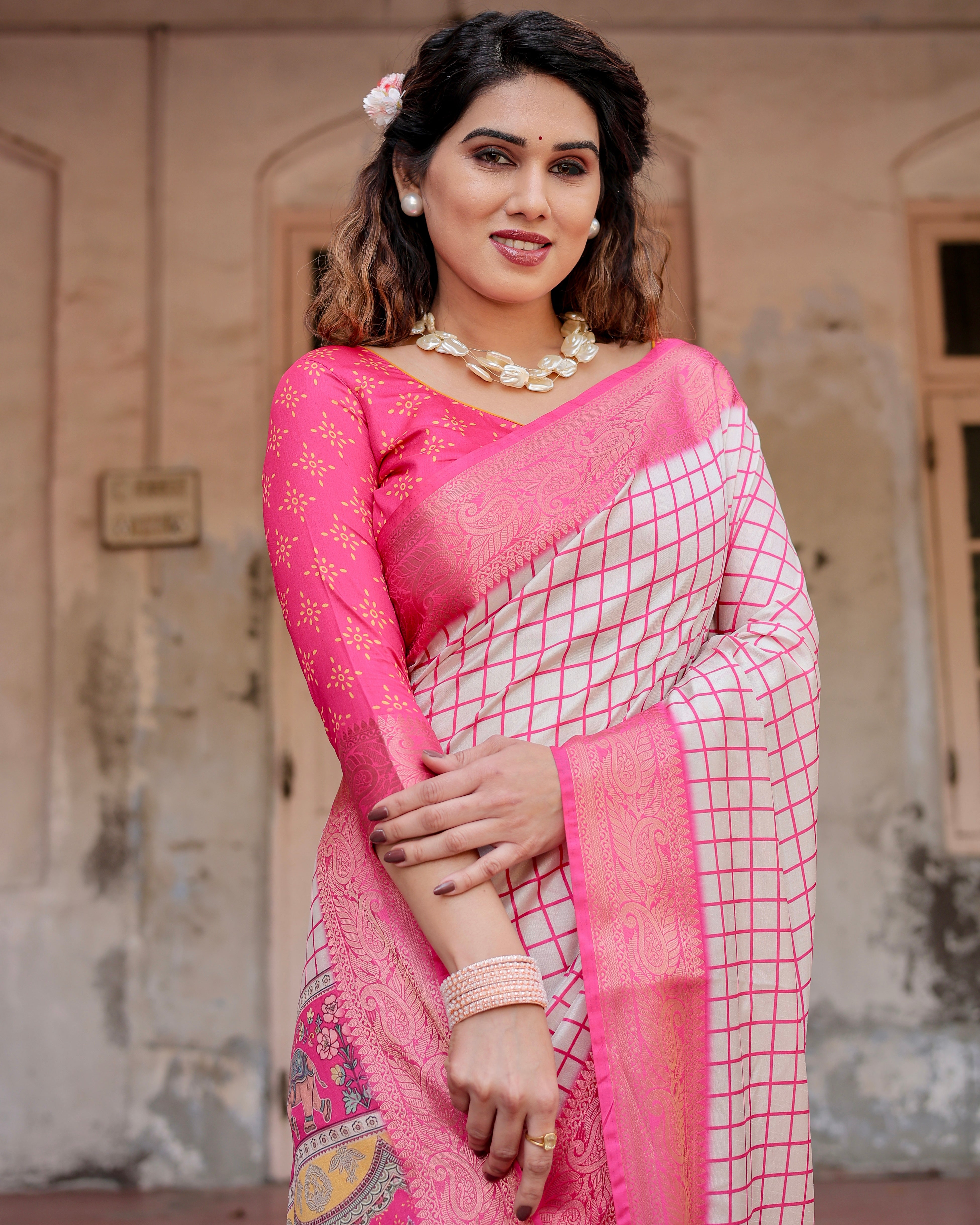 Pink Color Zari Border Floral Printed Silk Designer Saree