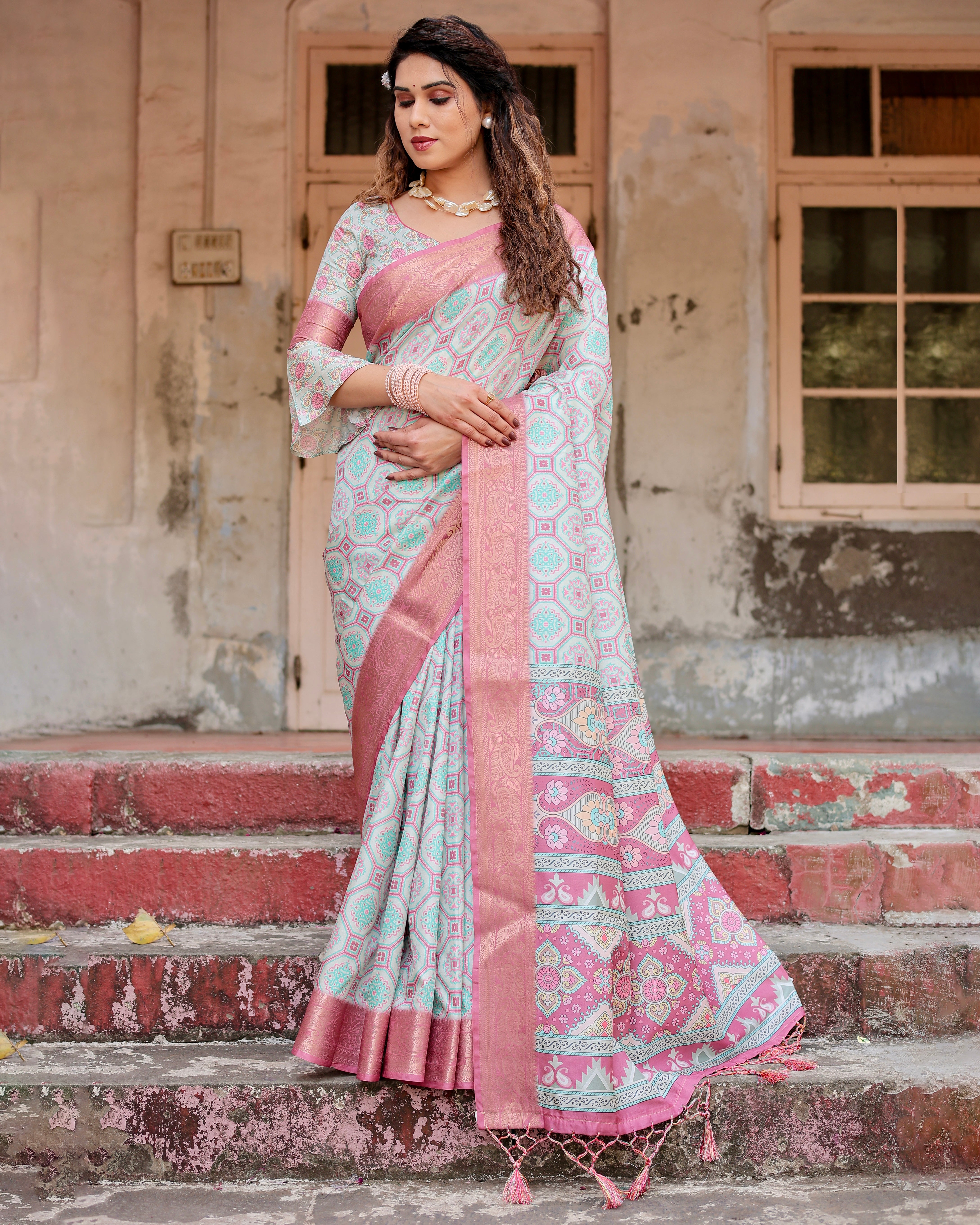 Pink  Color Zari Border Floral Printed Silk Designer Saree