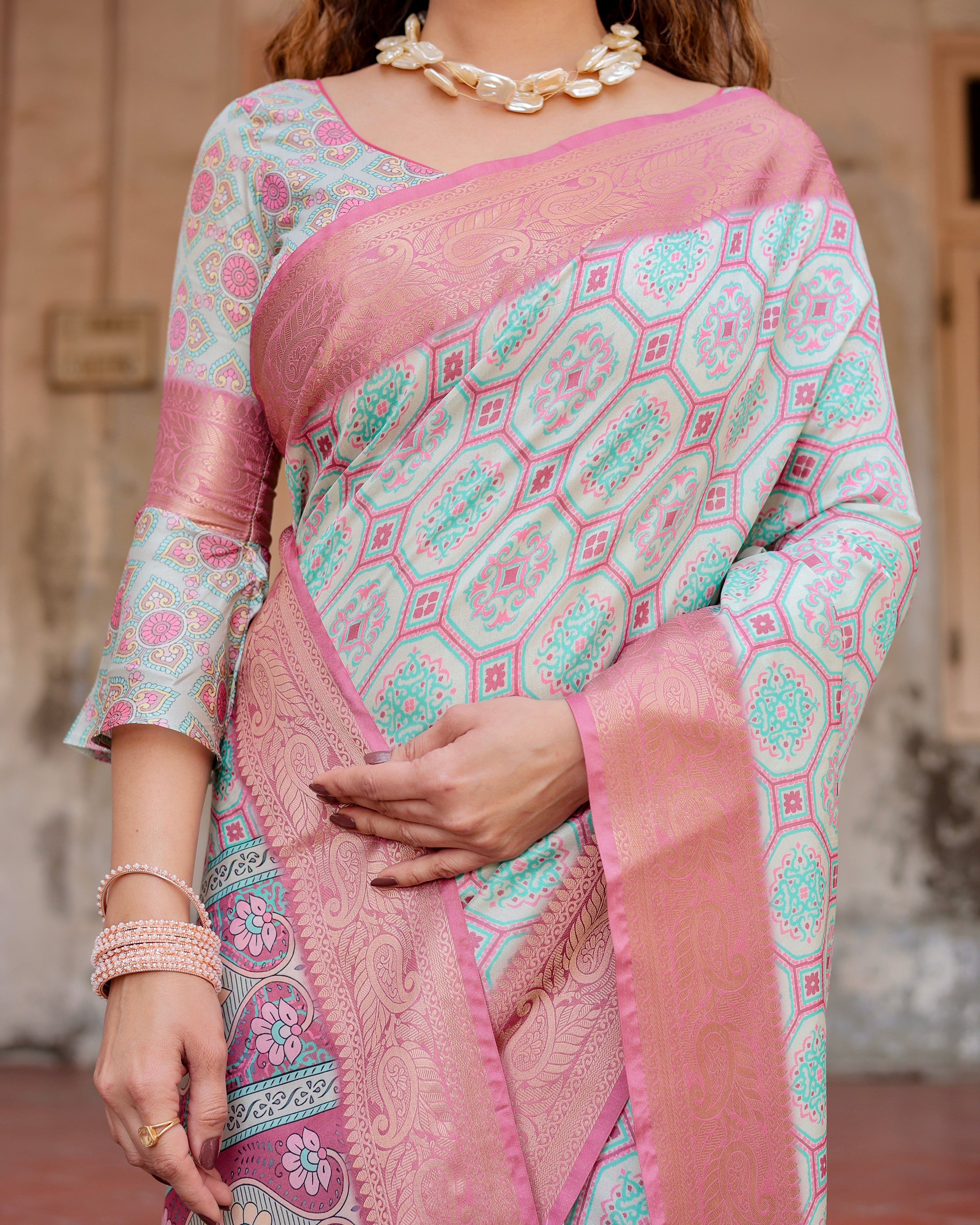 Pink  Color Zari Border Floral Printed Silk Designer Saree