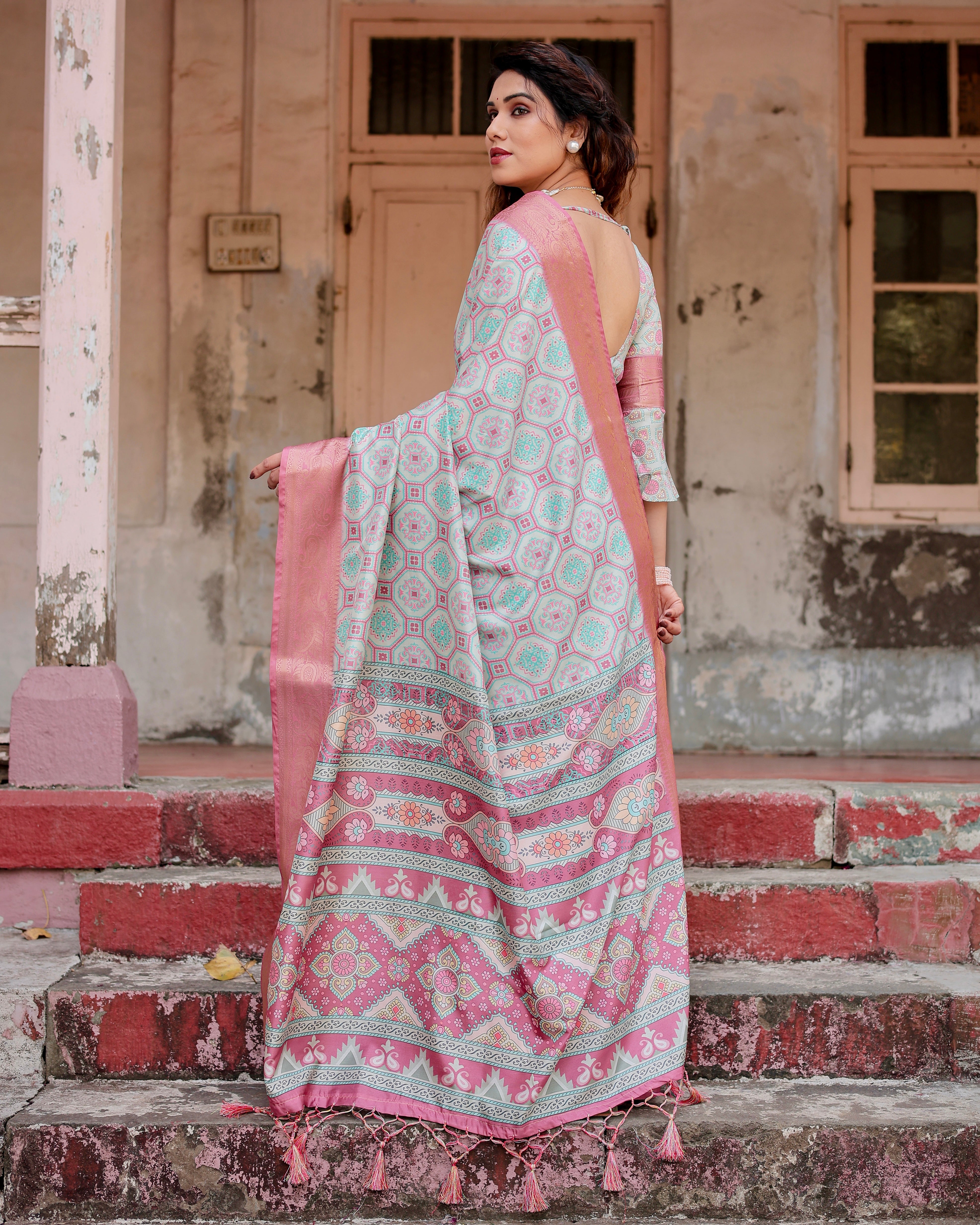 Pink  Color Zari Border Floral Printed Silk Designer Saree