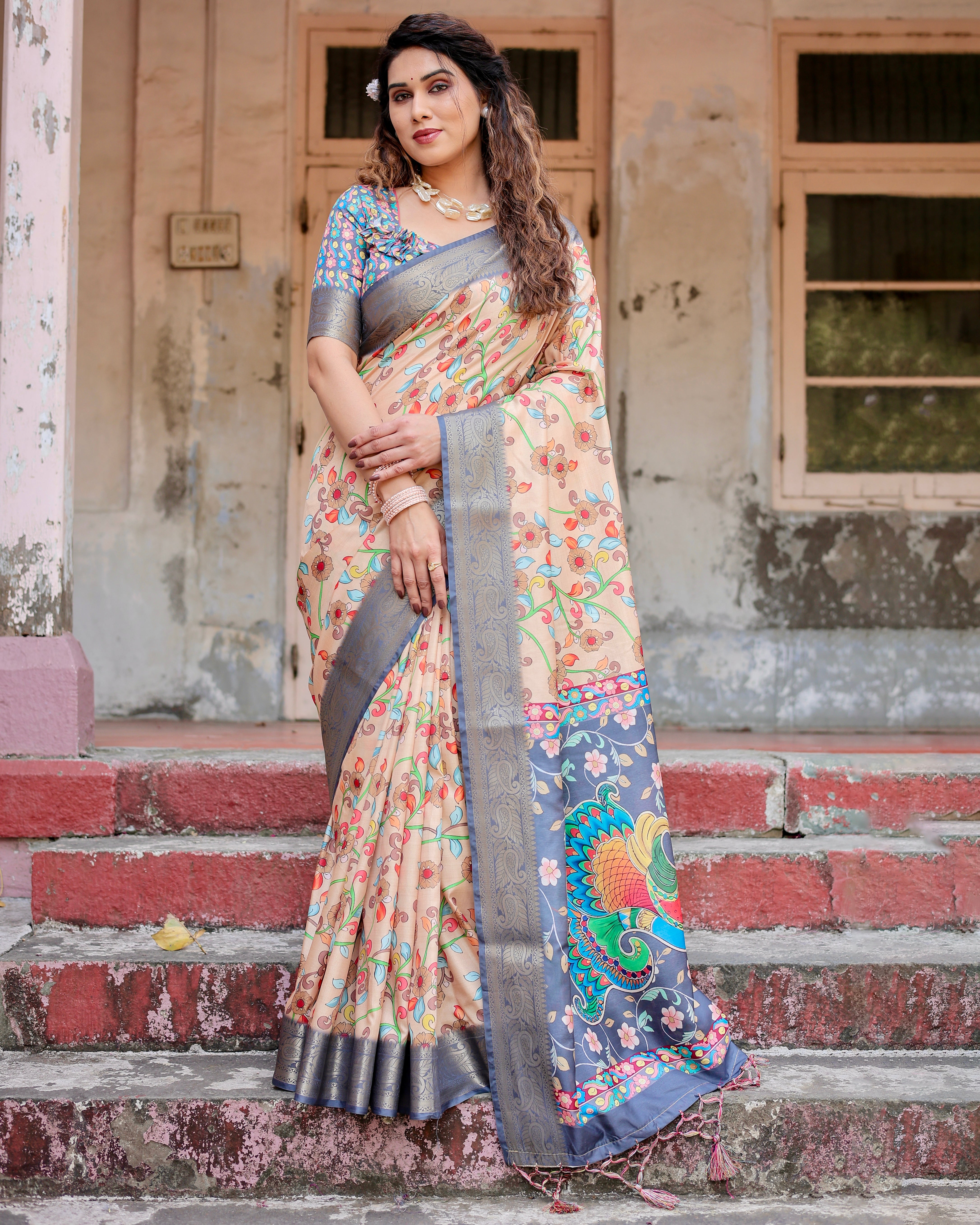 Peach Color Zari Border Floral Printed Silk Designer Saree