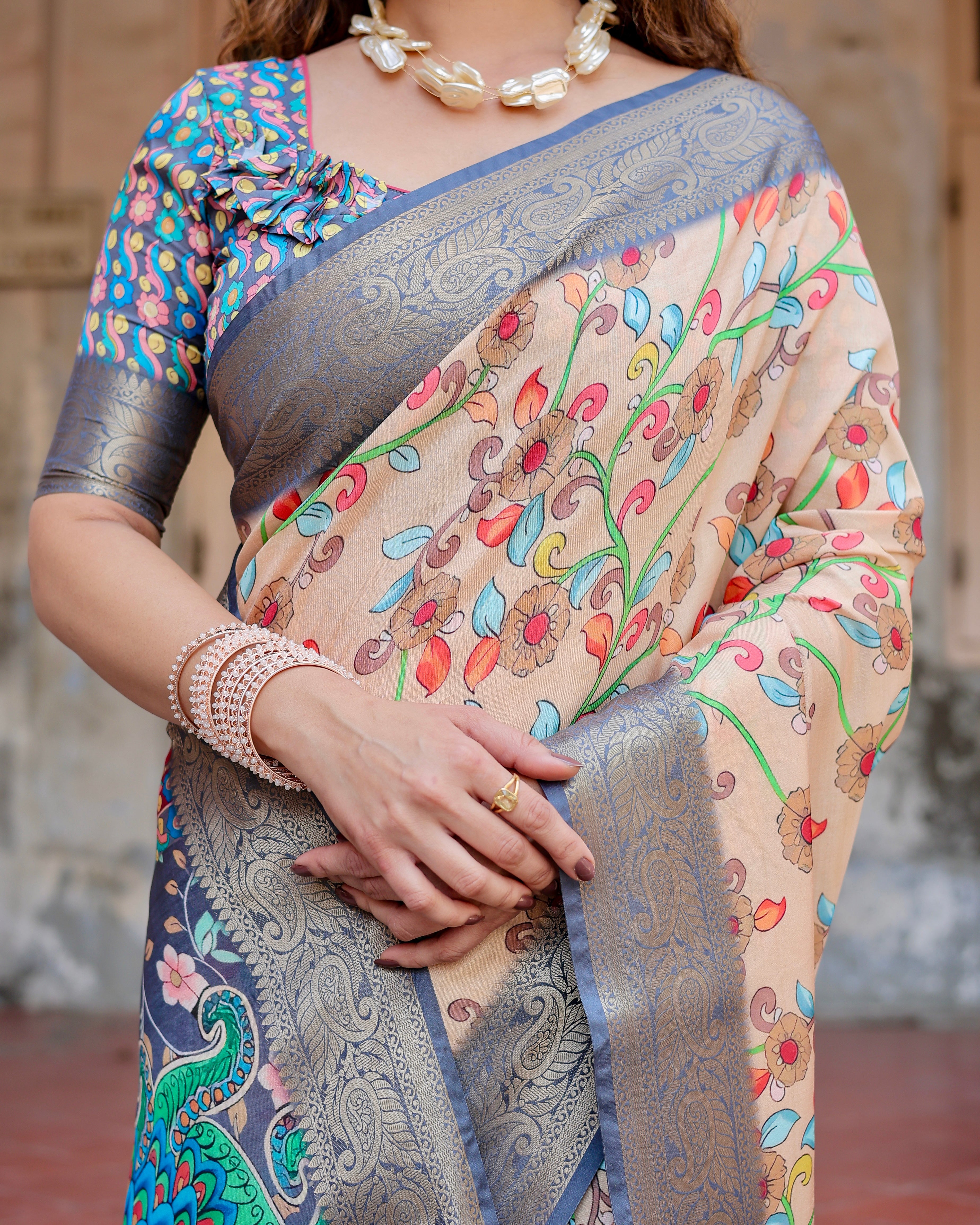 Peach Color Zari Border Floral Printed Silk Designer Saree