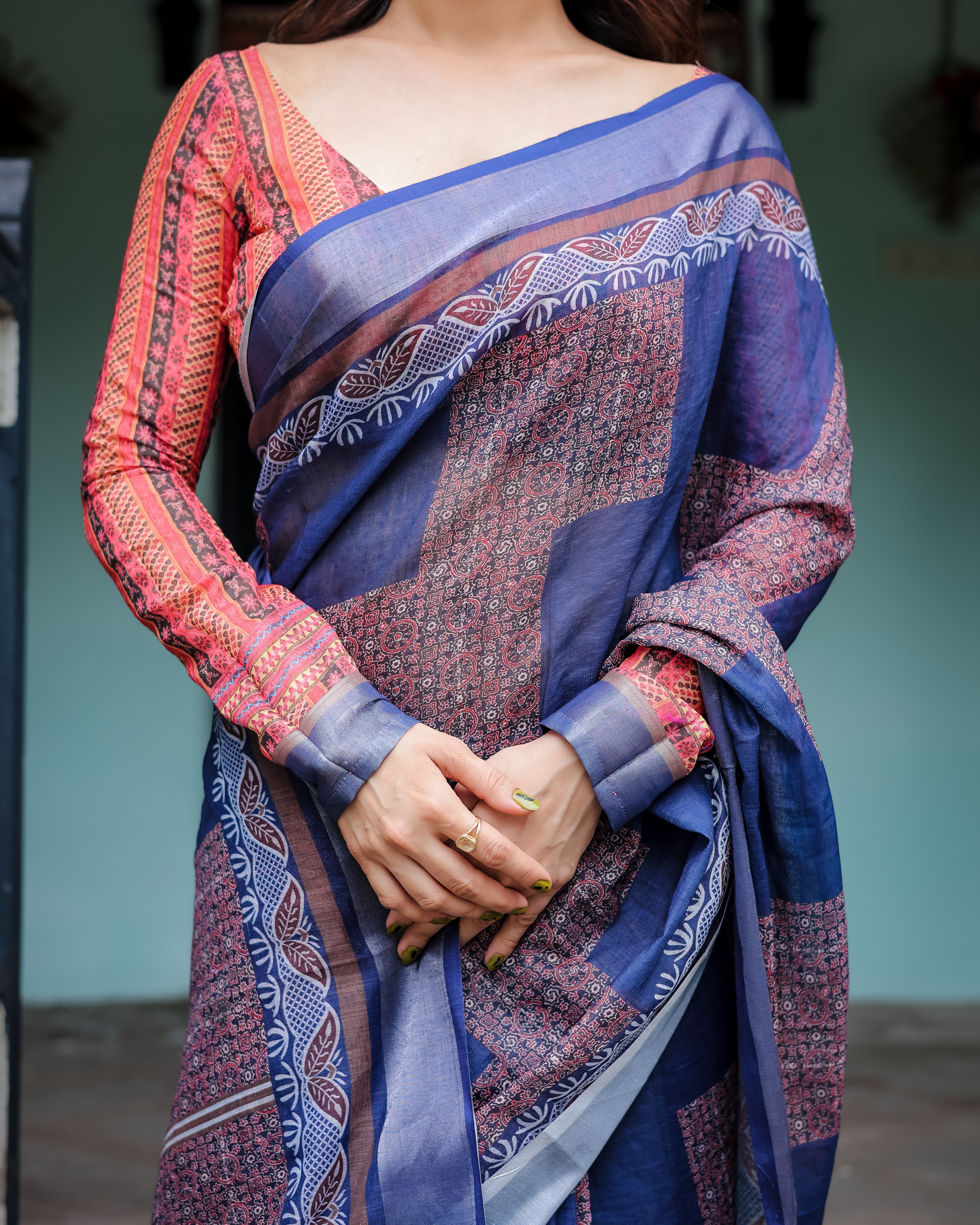 Indigo Blue Color Premium Linen Printed Saree