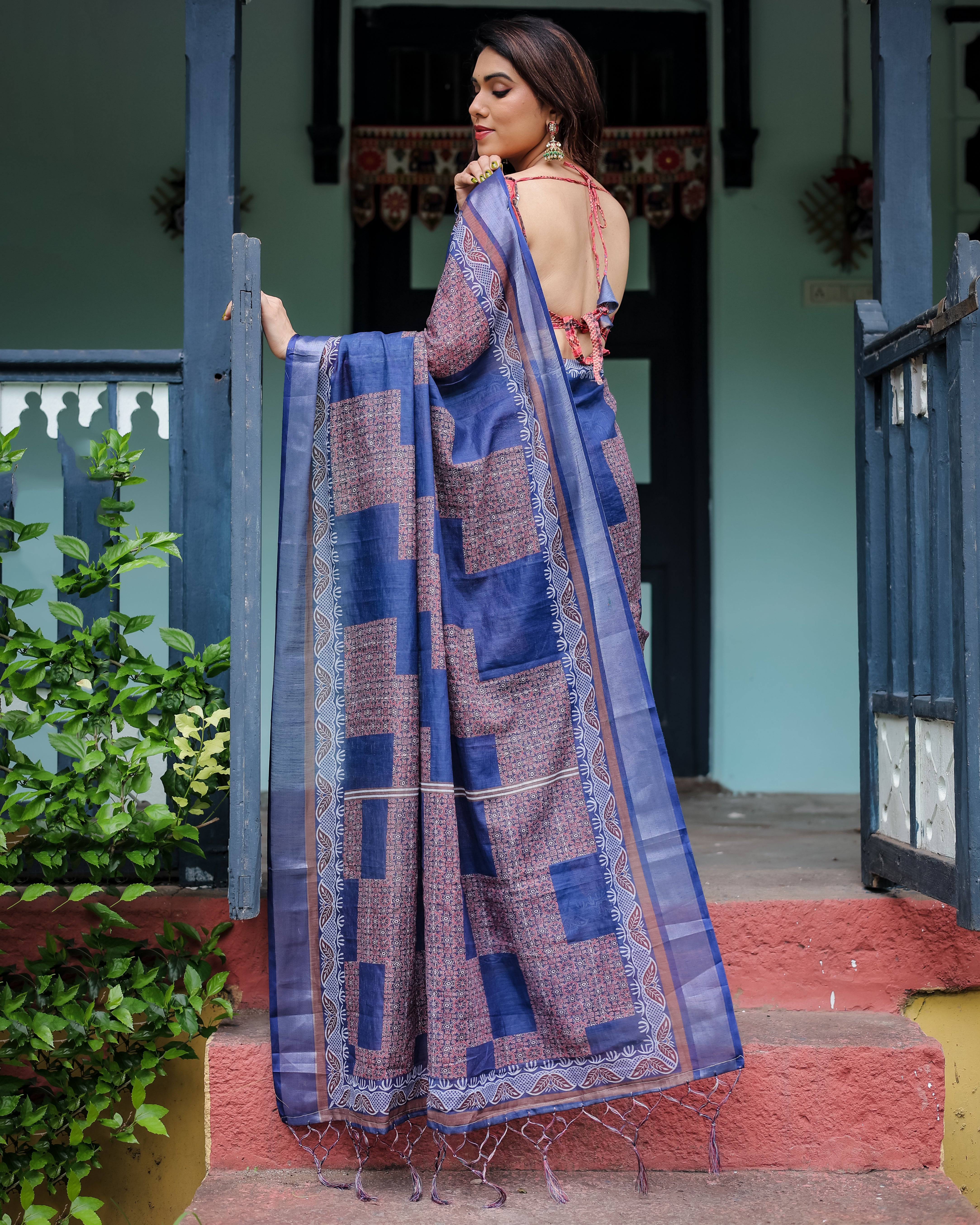 Indigo Blue Color Premium Linen Printed Saree