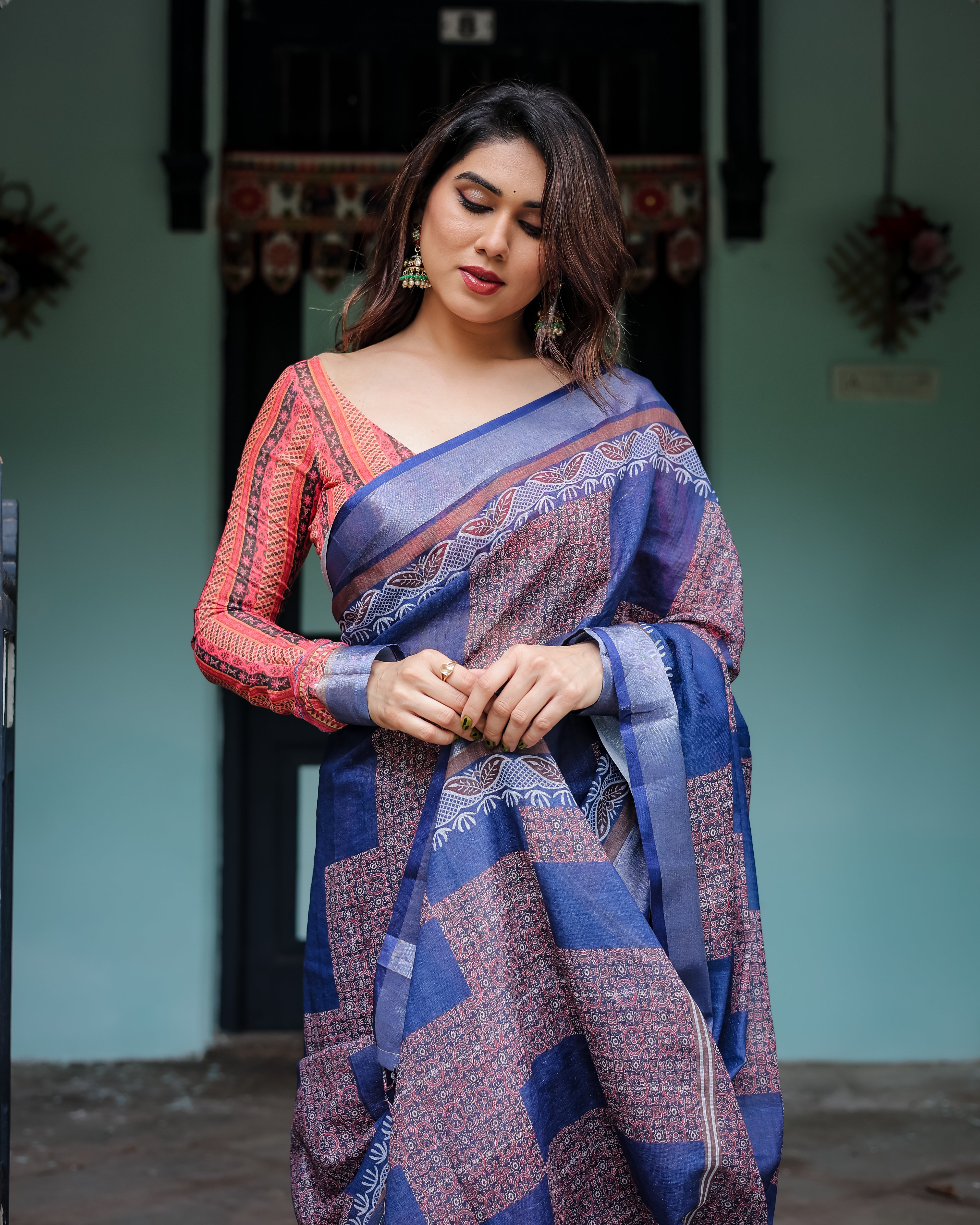 Indigo Blue Color Premium Linen Printed Saree