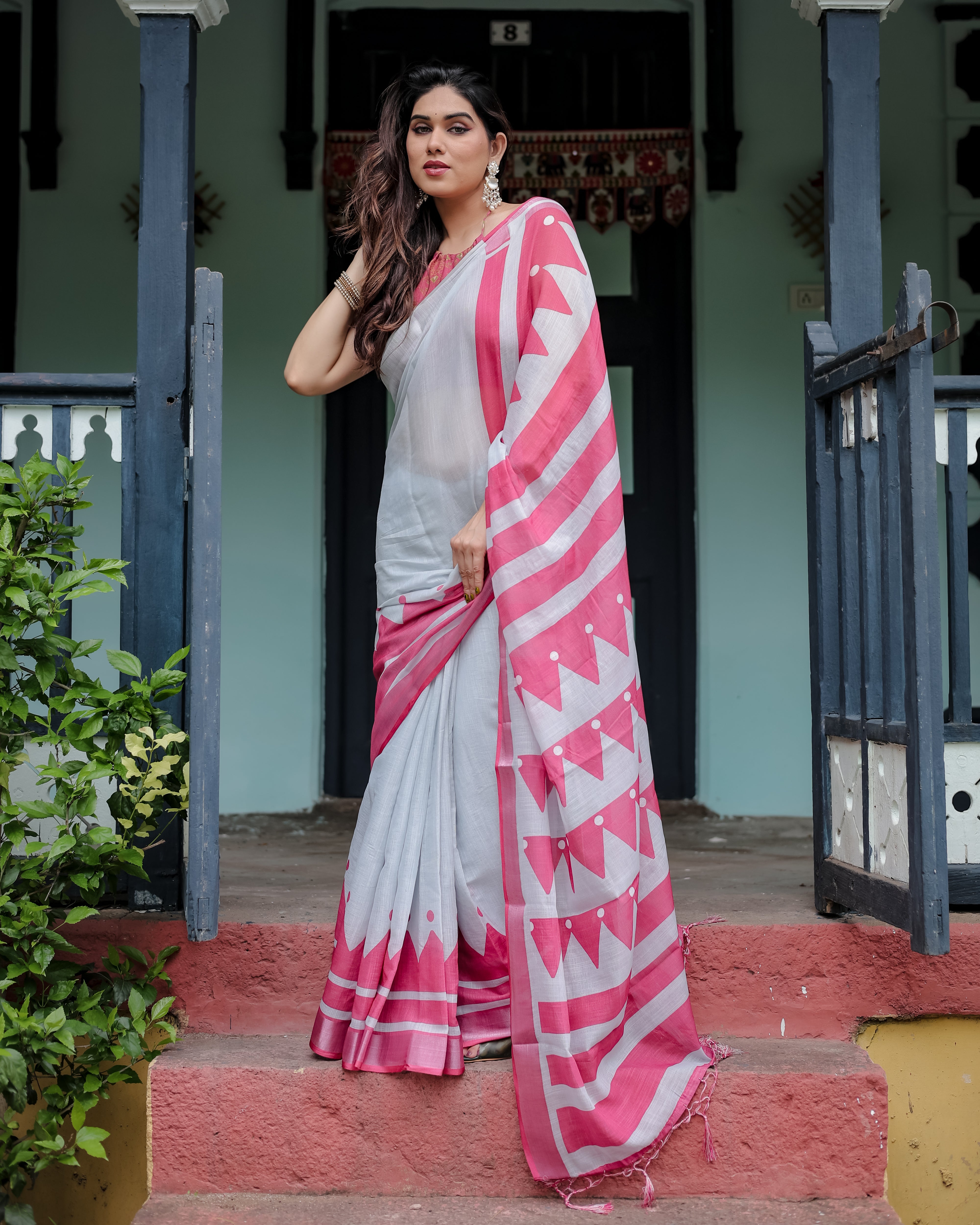 White Gray Color with Pink Printed Linen Saree