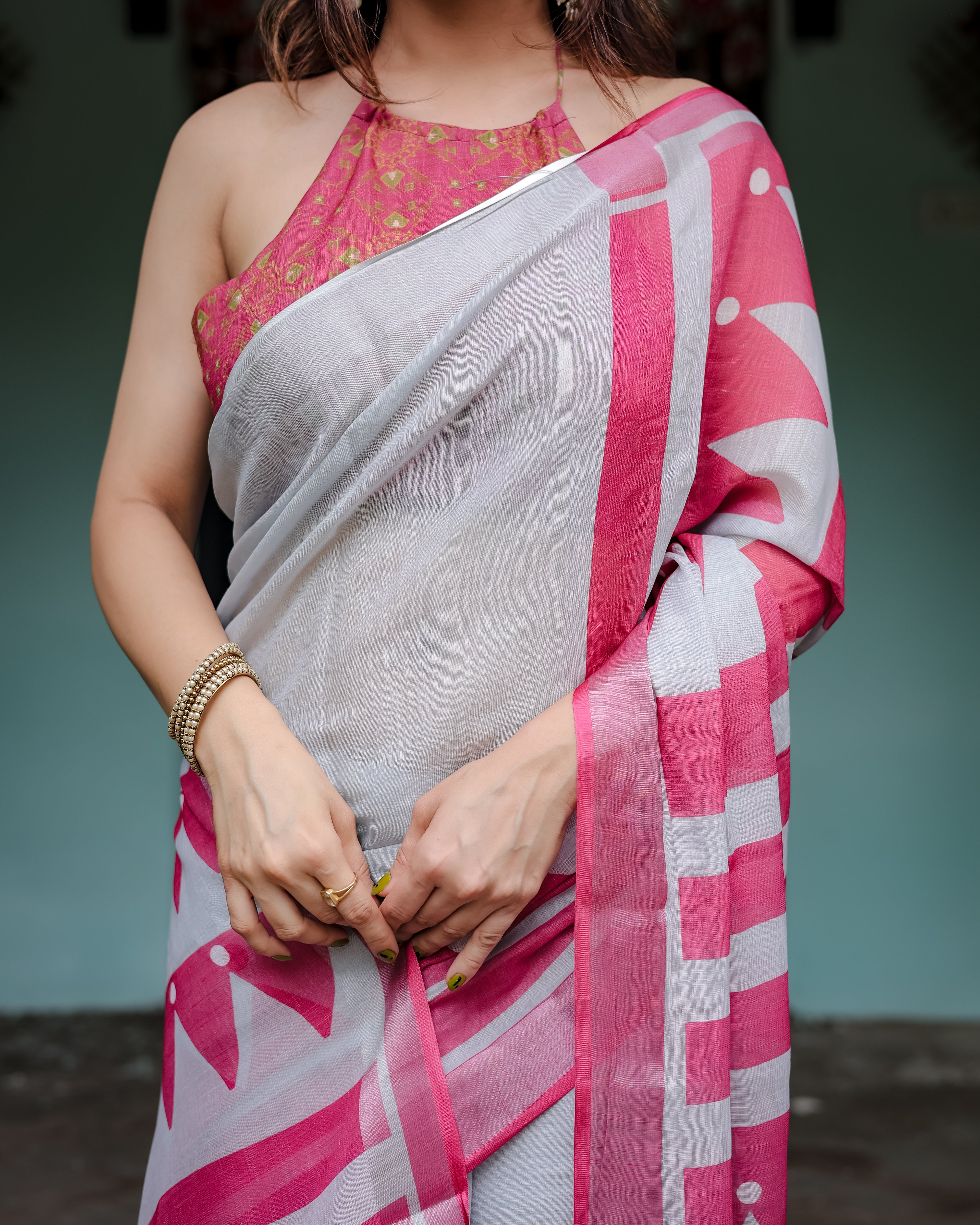 White Gray Color with Pink Printed Linen Saree