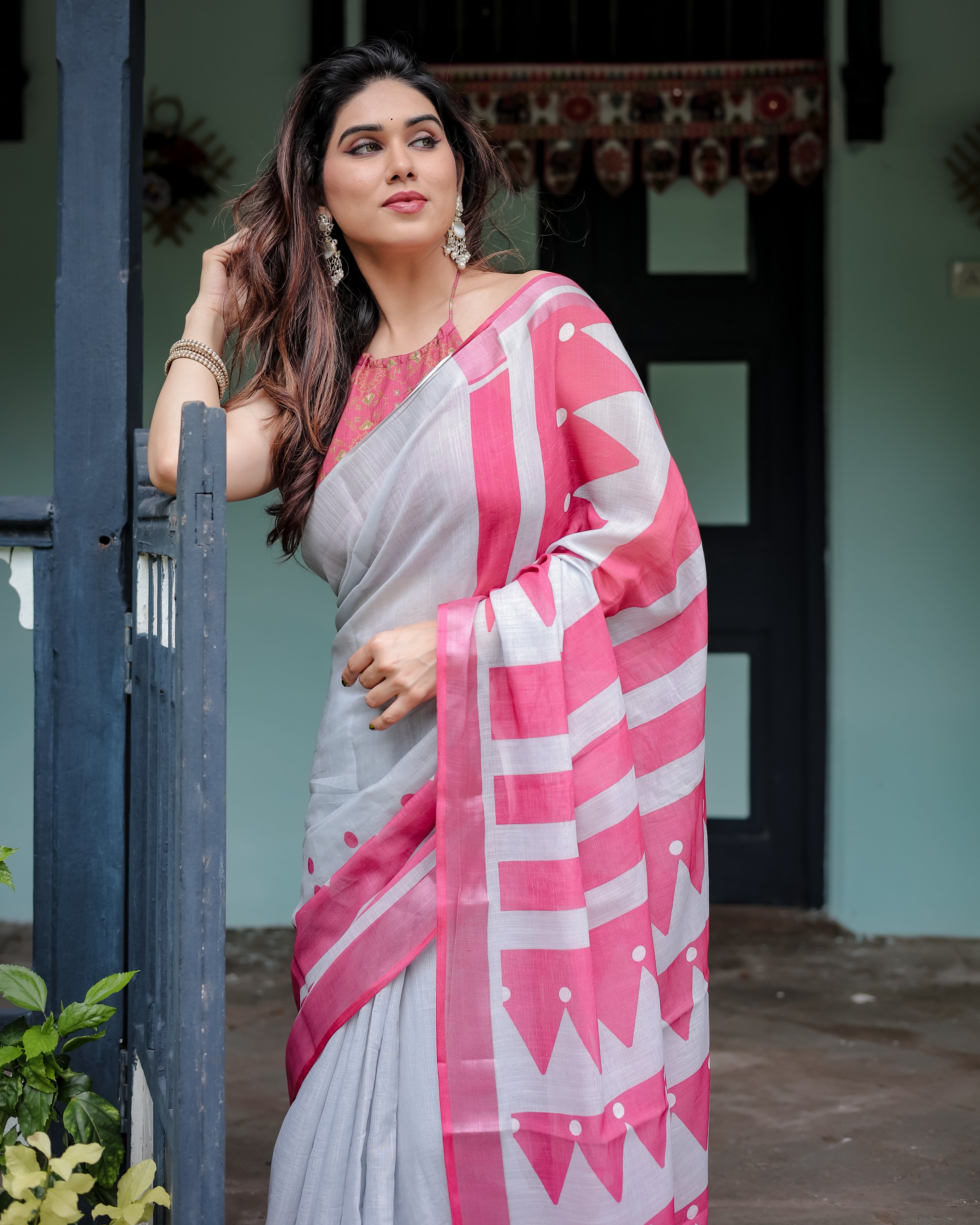 White Gray Color with Pink Printed Linen Saree