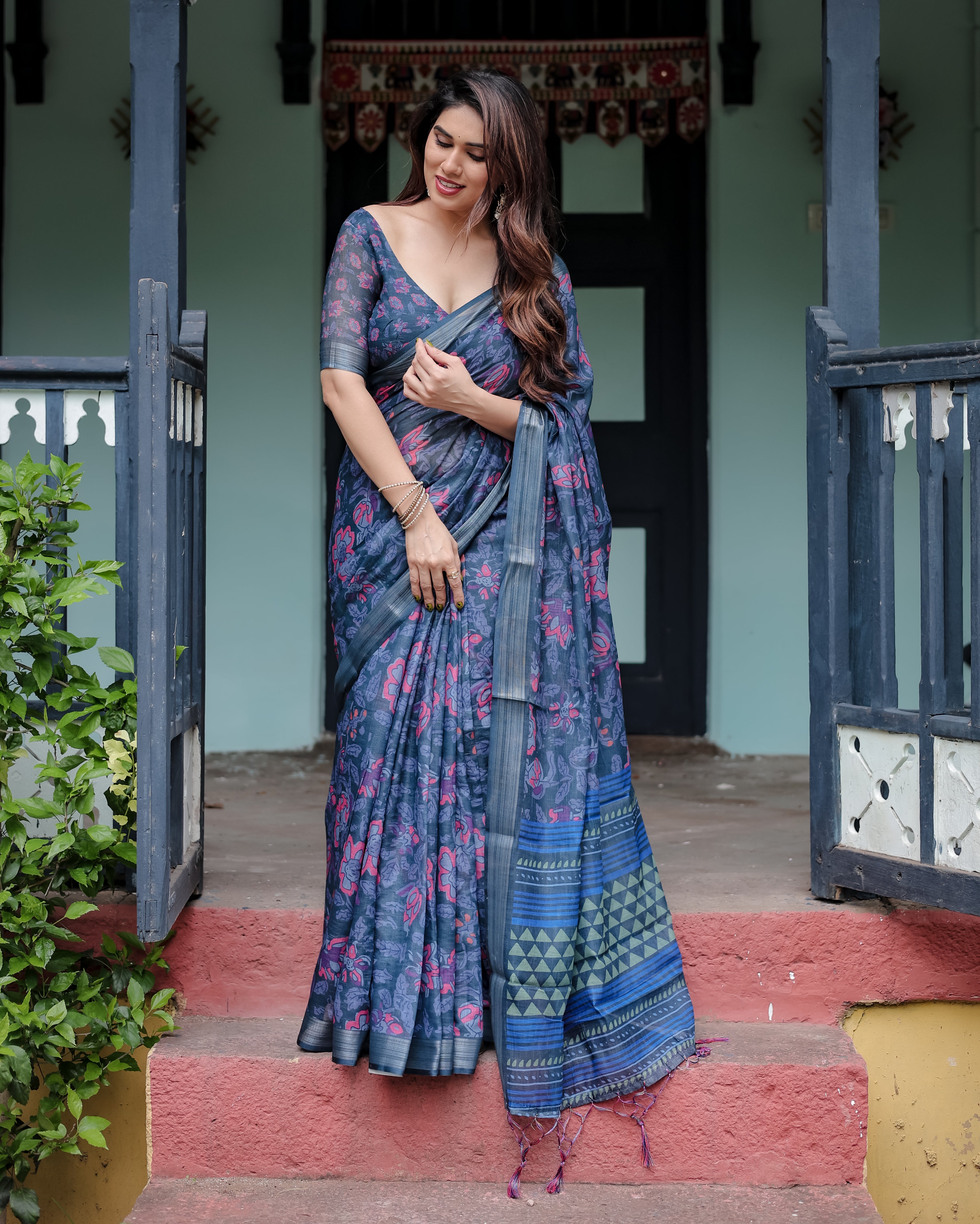 Deep Blue Color Pink Floral Printed Linen Saree