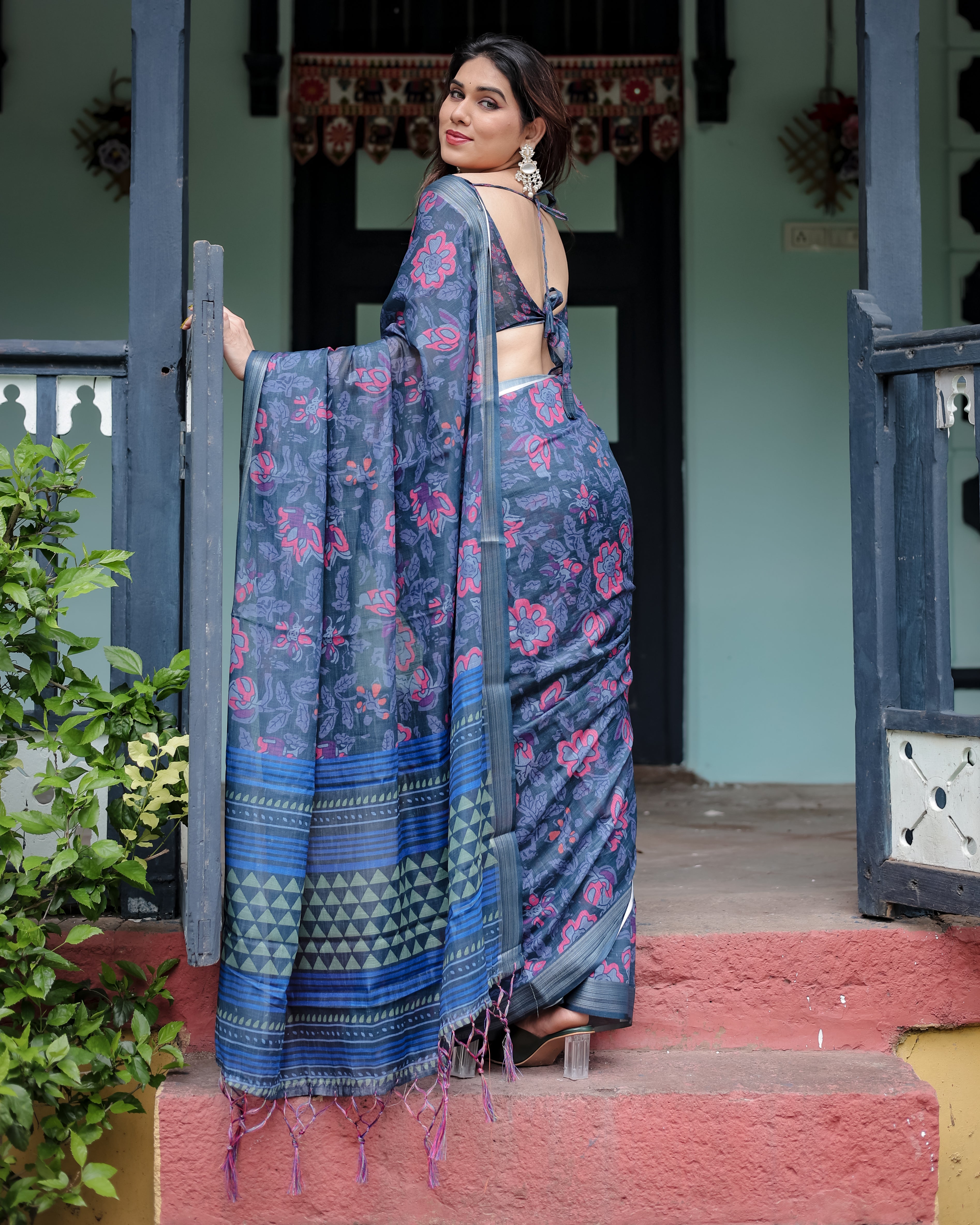 Deep Blue Color Pink Floral Printed Linen Saree