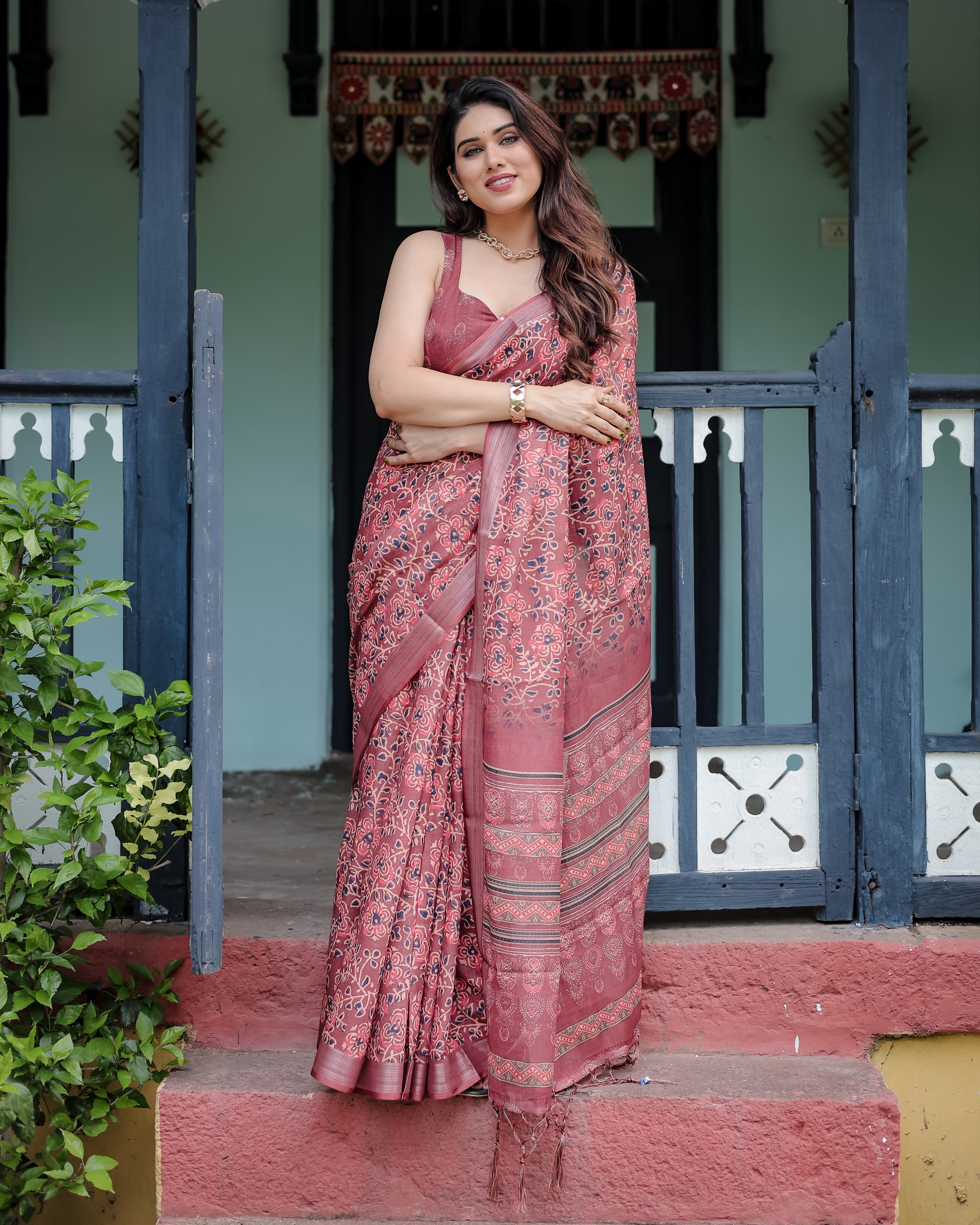 Maroon Color Delicate Floral and Handblock Printed Linen Saree