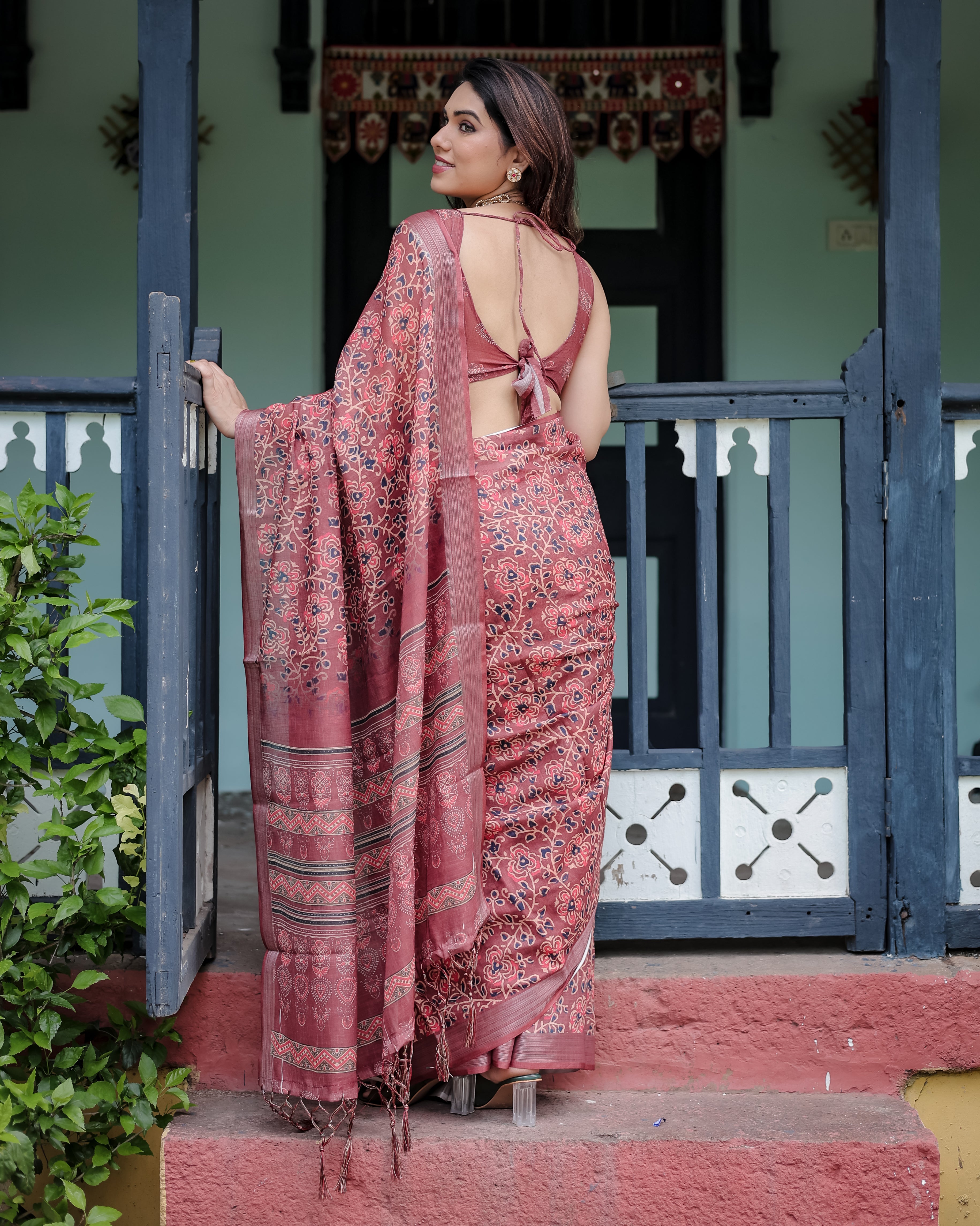 Maroon Color Delicate Floral and Handblock Printed Linen Saree