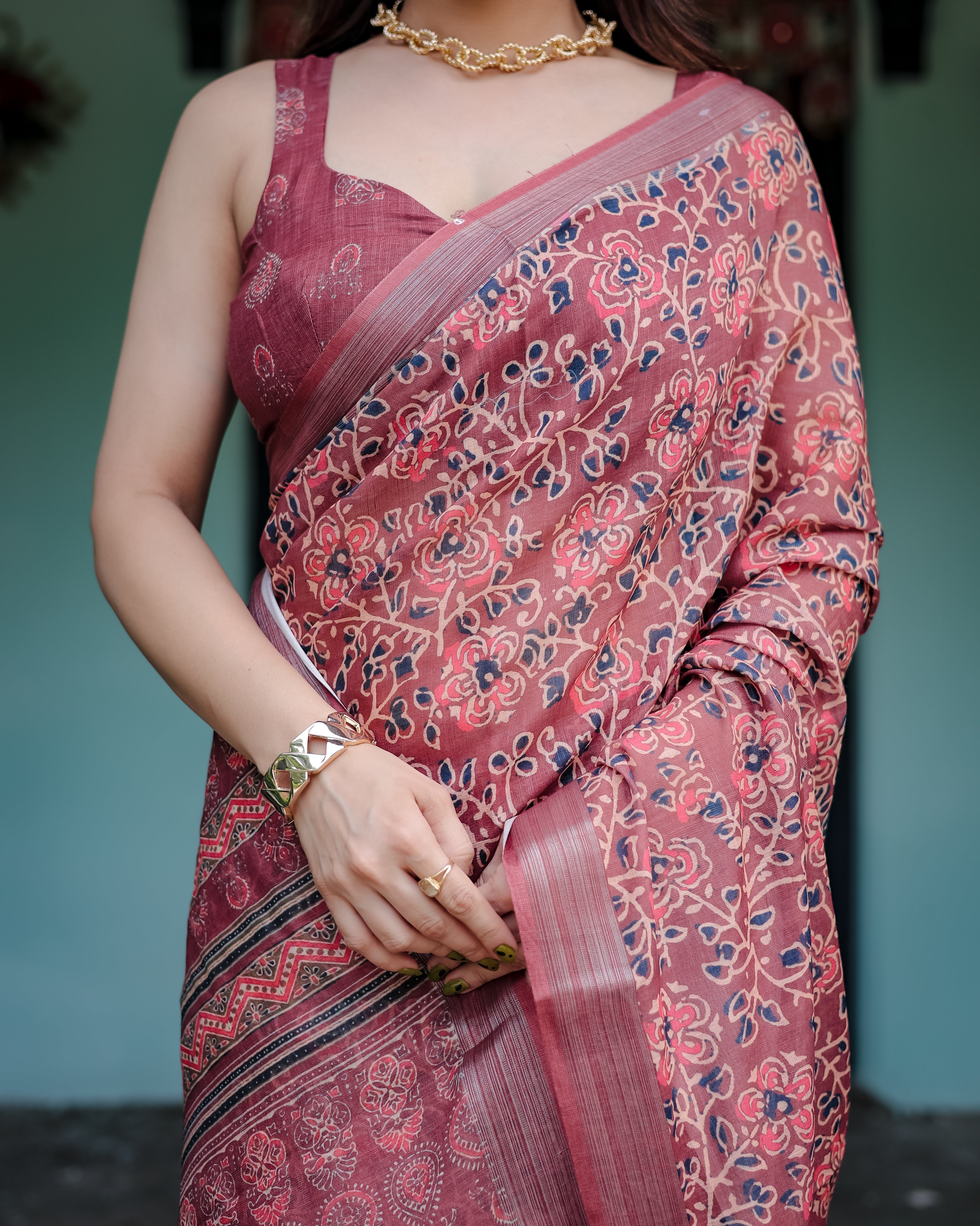 Maroon Color Delicate Floral and Handblock Printed Linen Saree