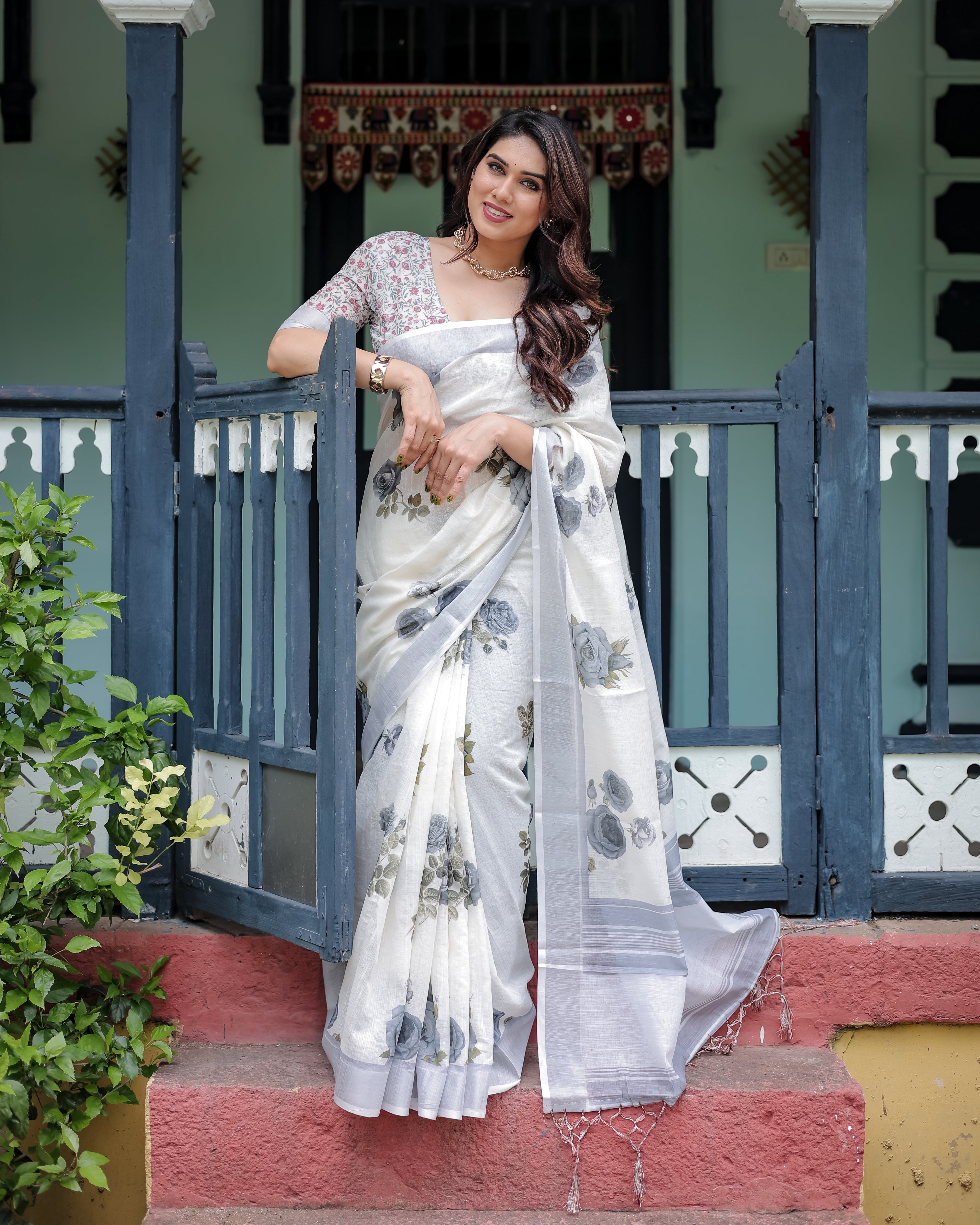 White Color Gray Rose Printed Linen Saree