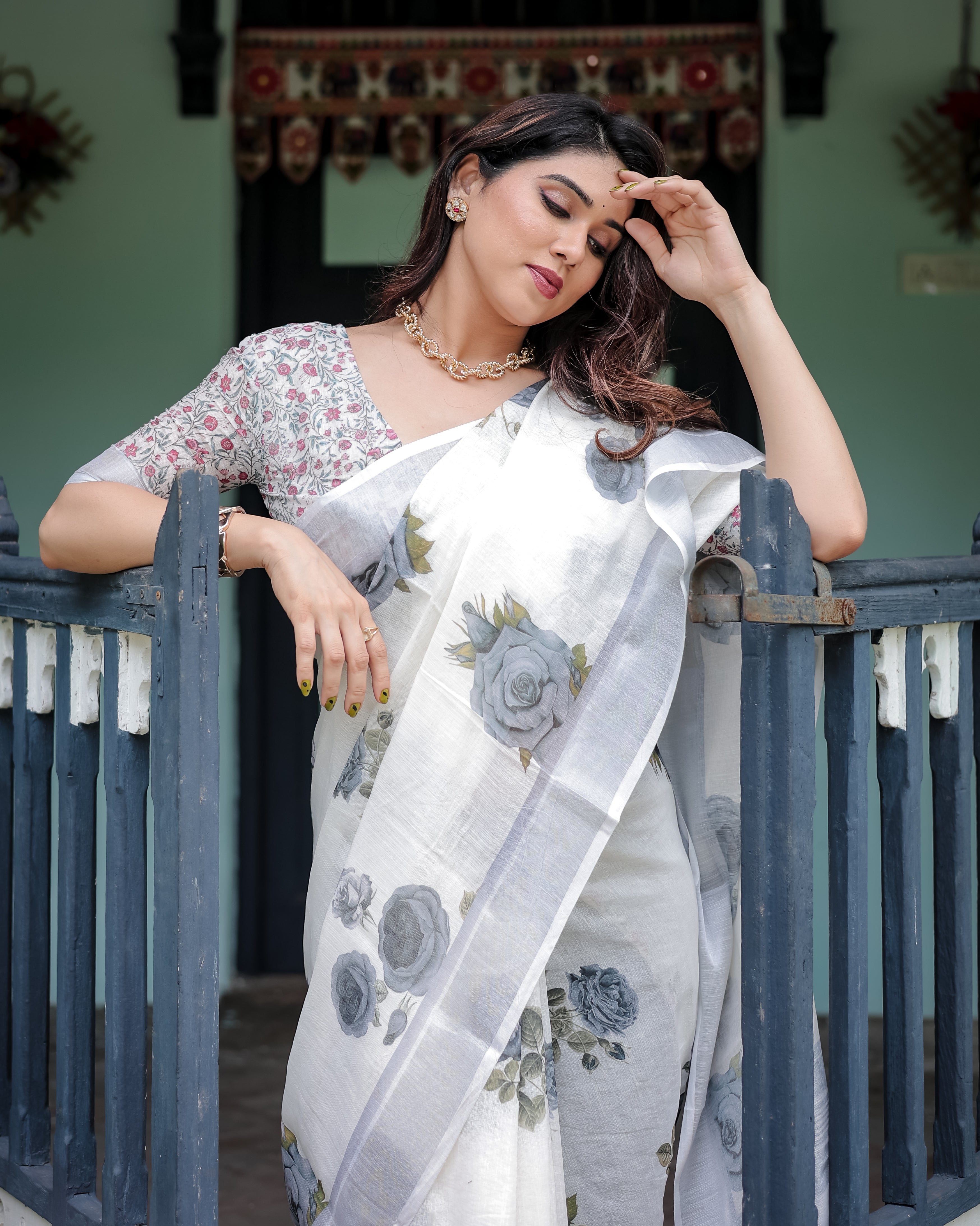 White Color Gray Rose Printed Linen Saree