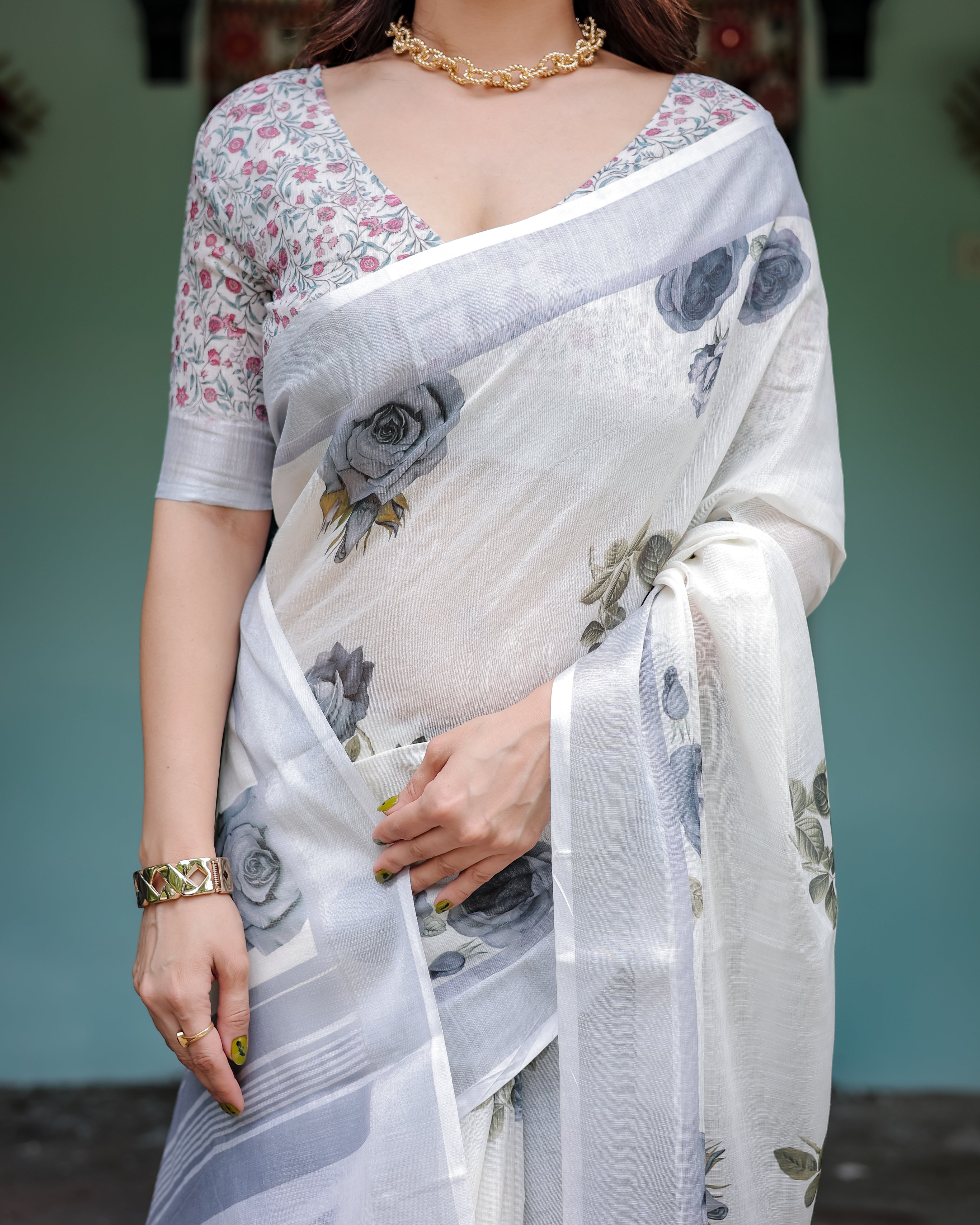 White Color Gray Rose Printed Linen Saree