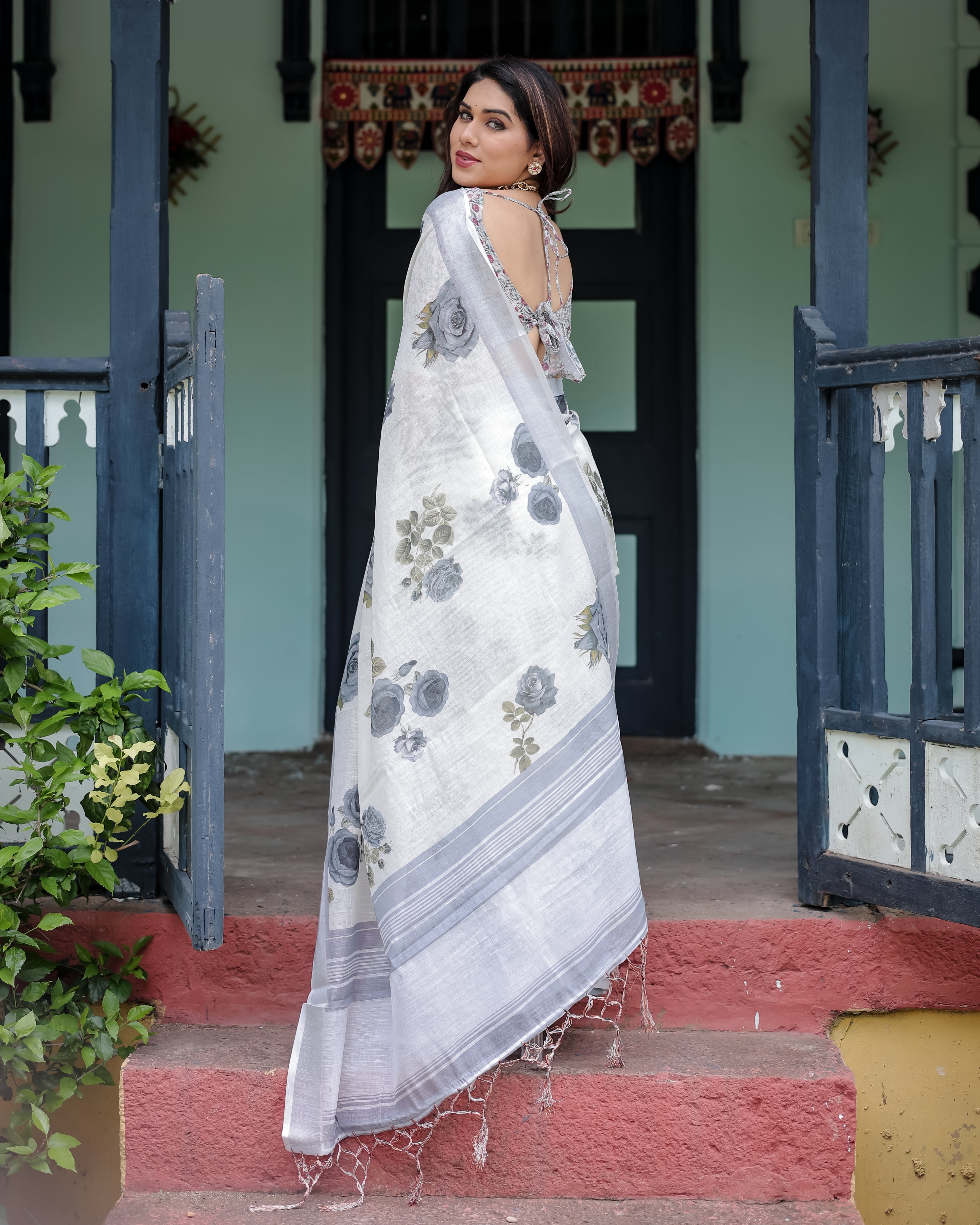 White Color Gray Rose Printed Linen Saree