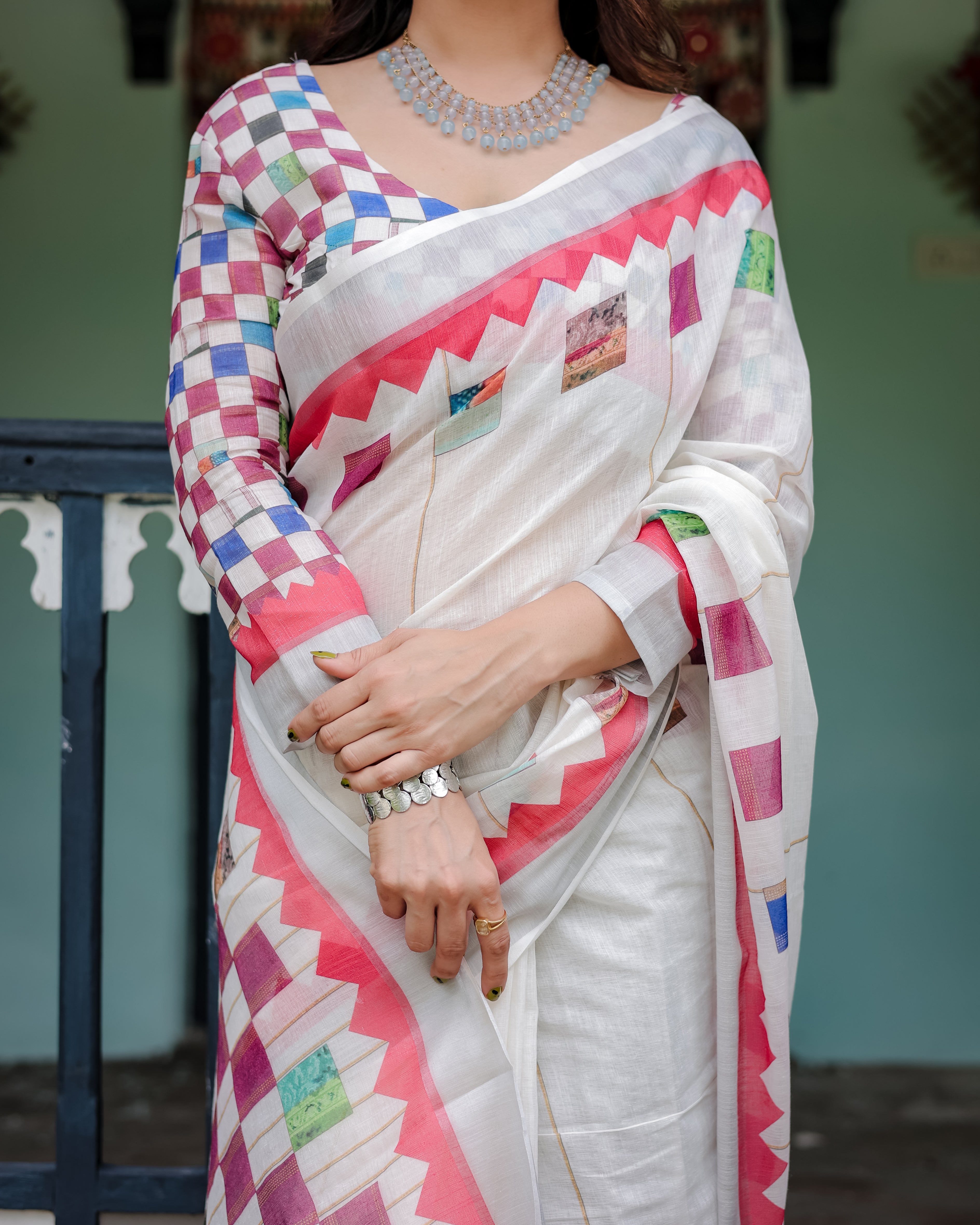 White Color With Multi Color Printed Linen Saree