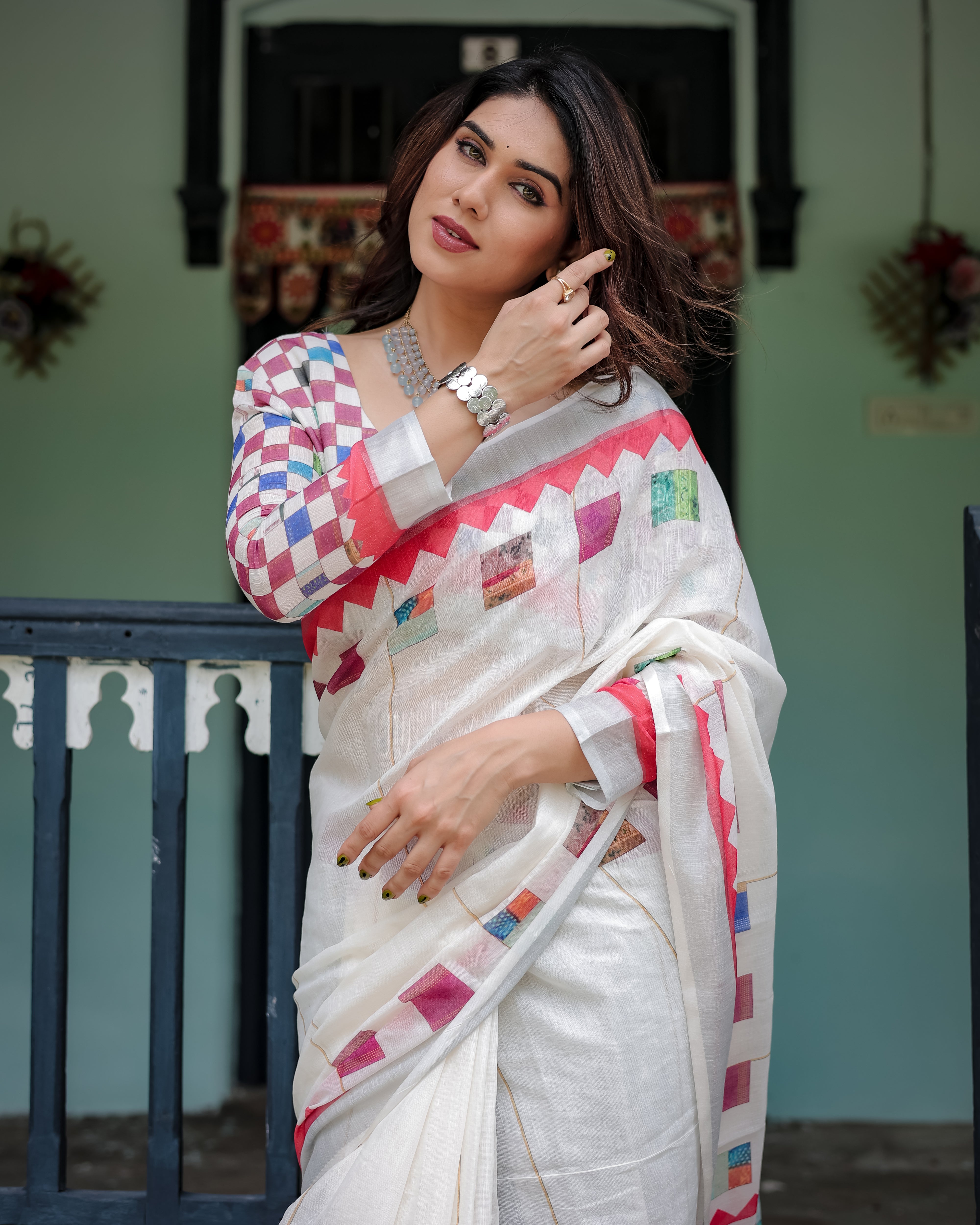 White Color With Multi Color Printed Linen Saree