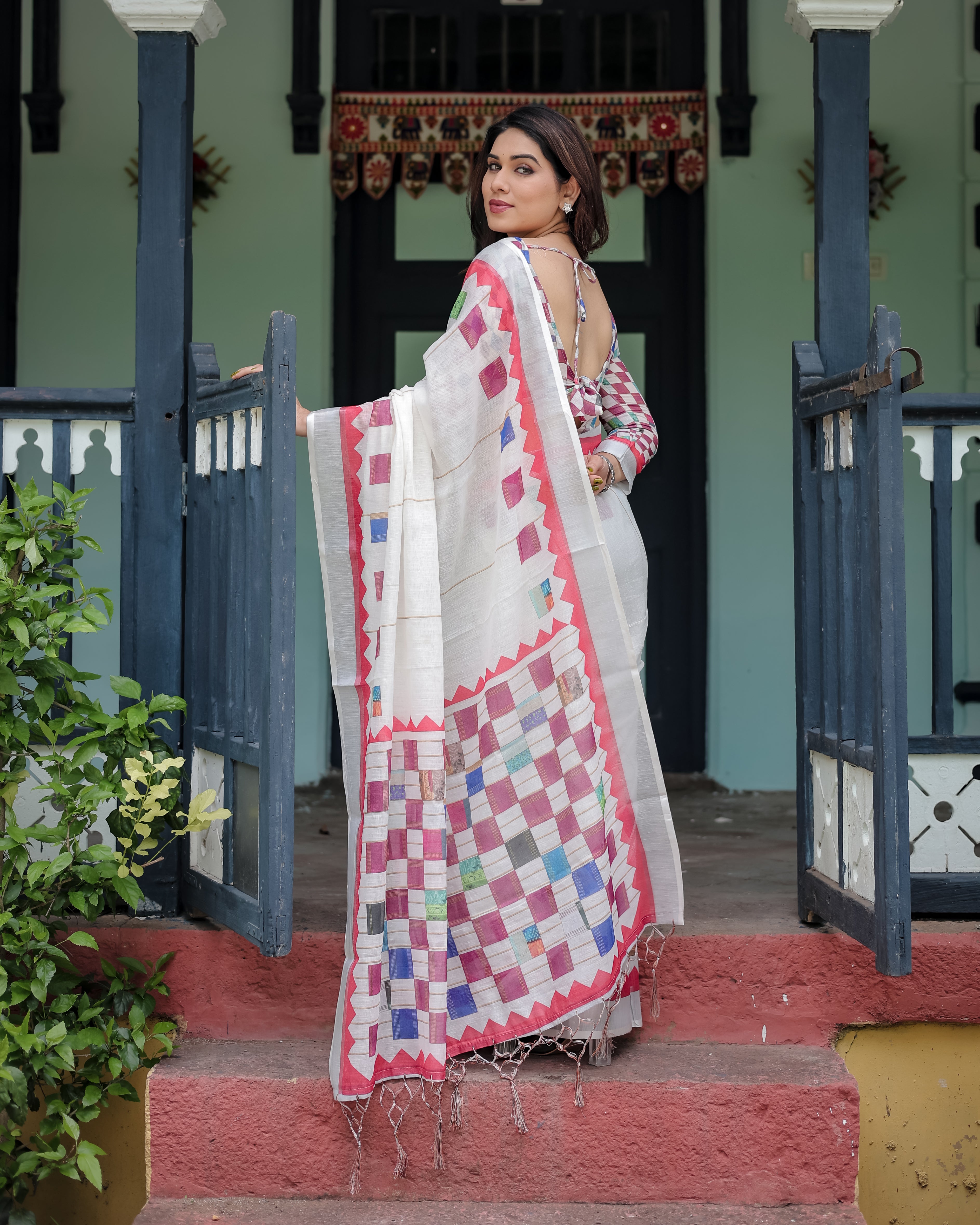 White Color With Multi Color Printed Linen Saree