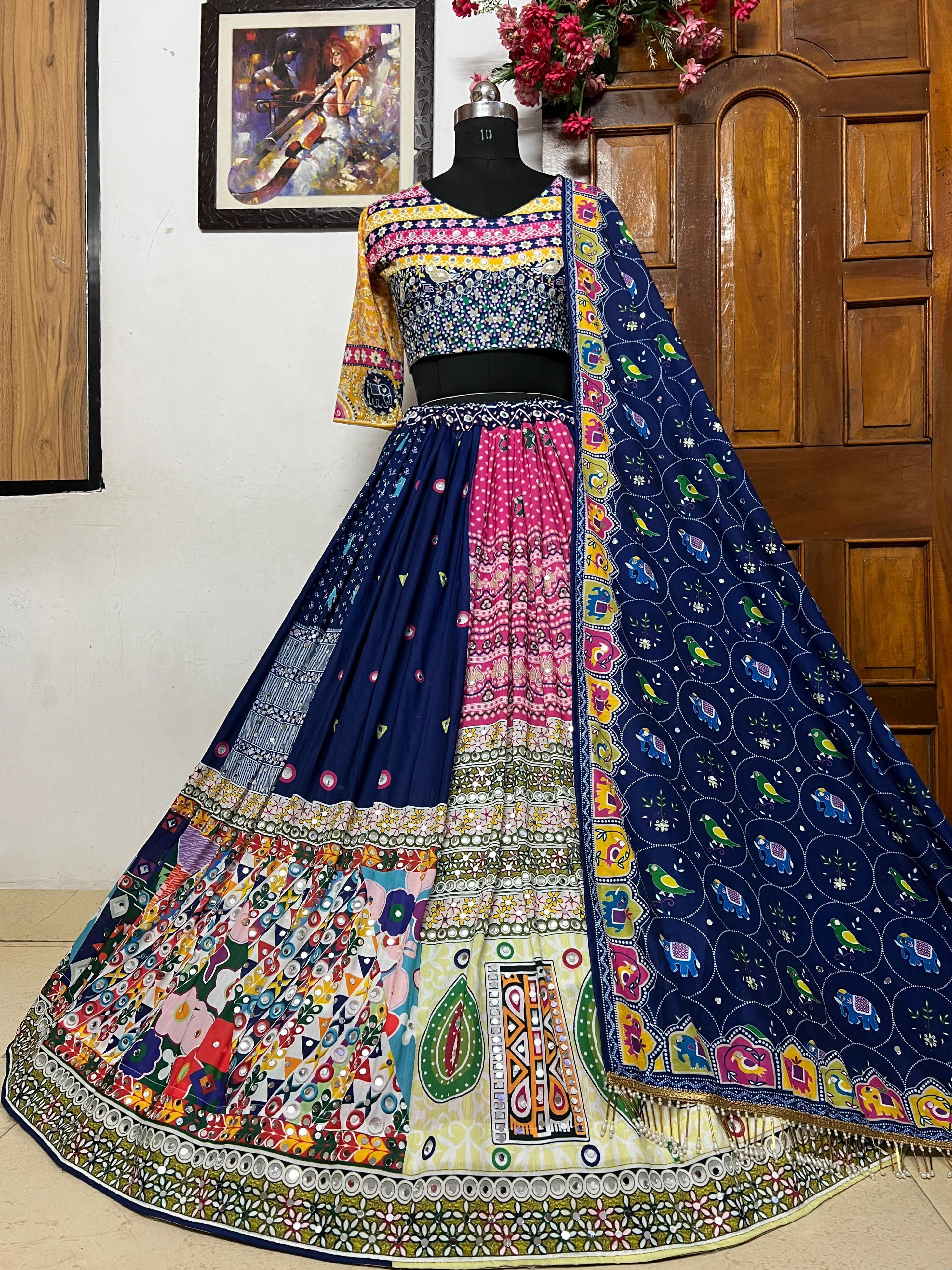 Blue Colour  Maslin Cotton With Digital Print Real Mirror Navratri  Special Lehenga Choli Set