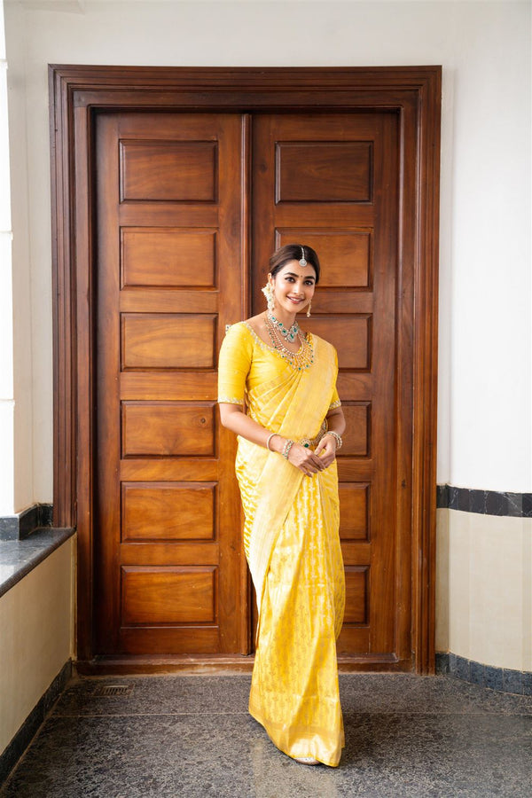 Pooja Hegde Wear Jacquard Banarasi Designer Silk Yellow Saree