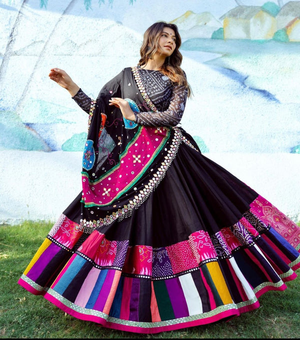 Black Color Muslin Cotton Printed With Real Mirror Work Traditional Lehenga Choli