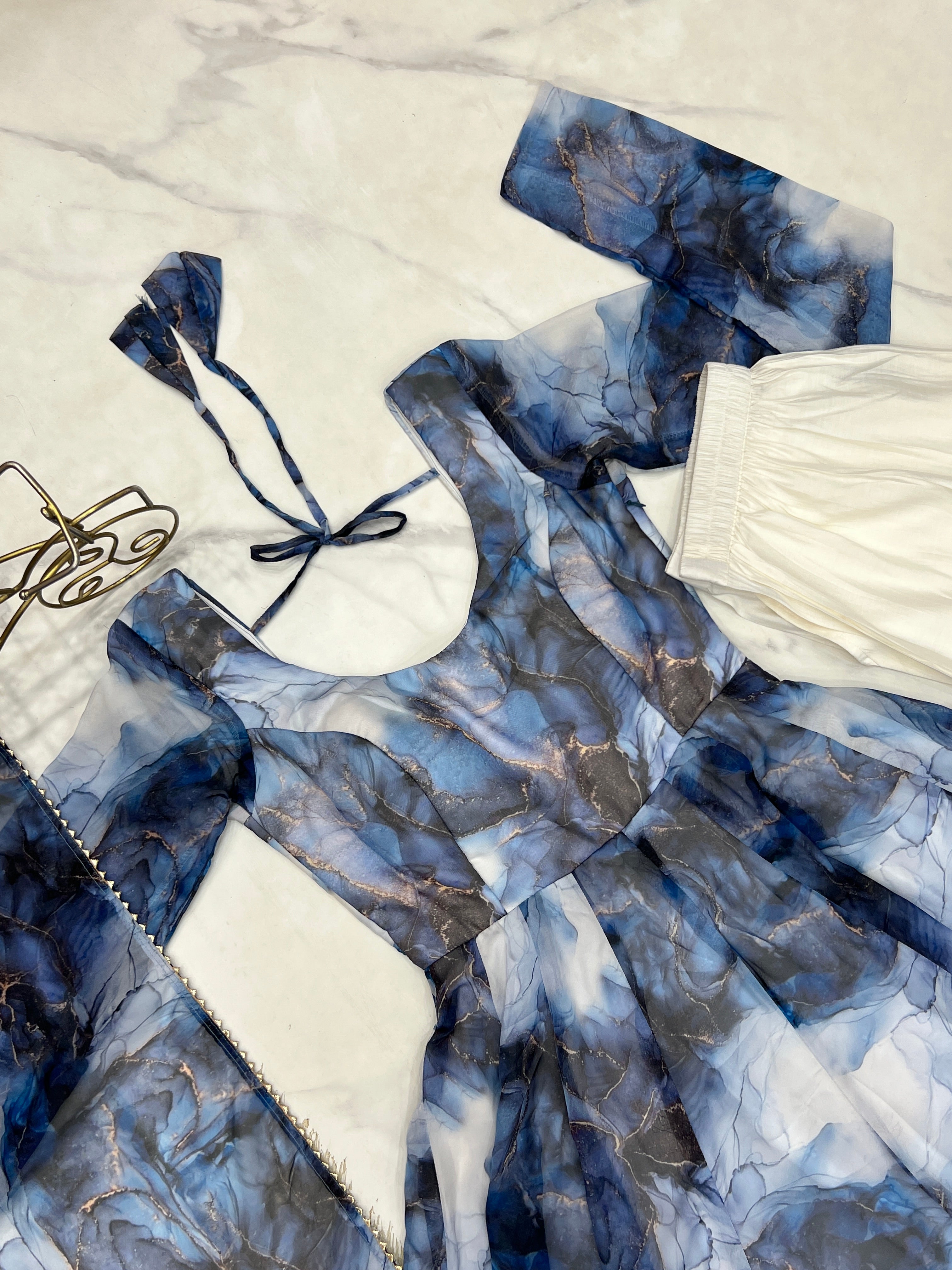 Dark Blue Color Organza Printed Designer Casual Gown