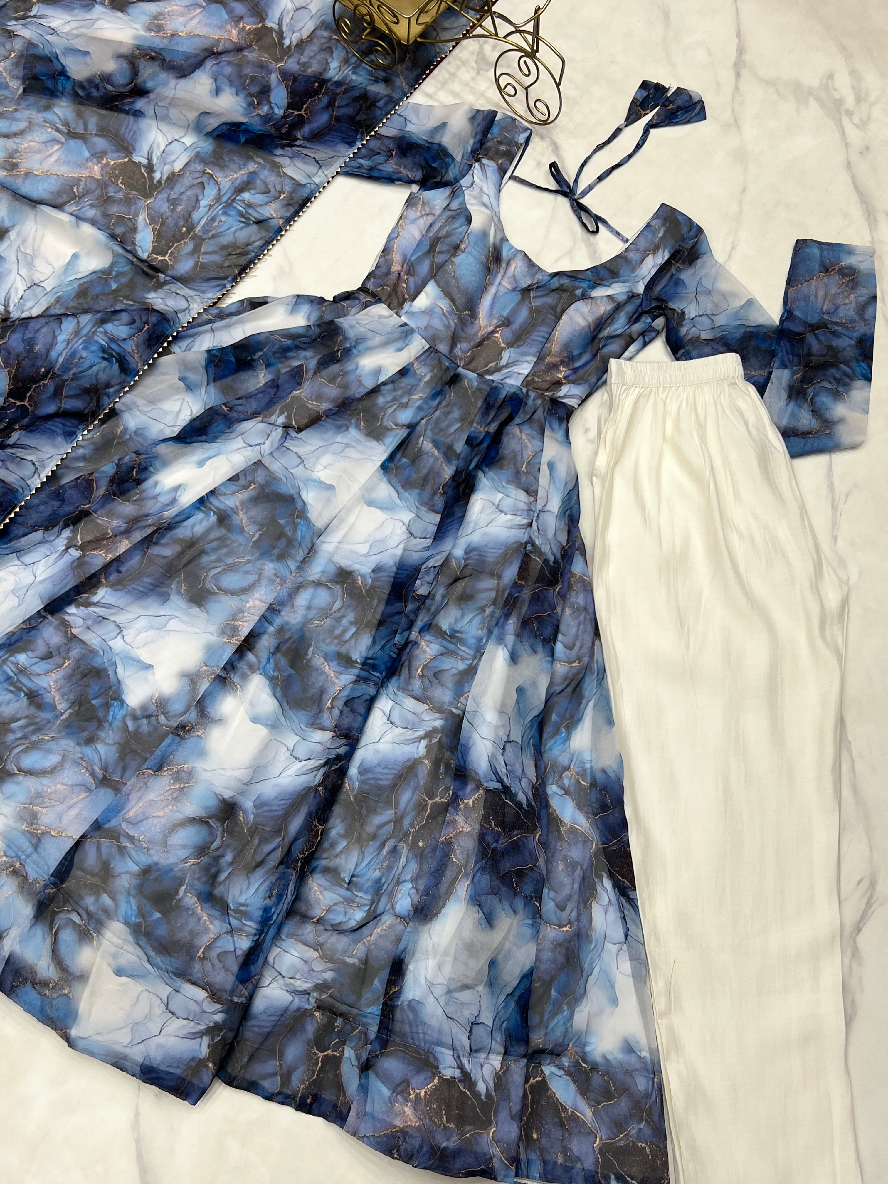 Dark Blue Color Organza Printed Designer Casual Gown