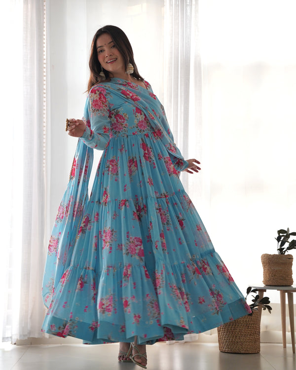 Blue Color Floral Printed Georgette Designer Gown