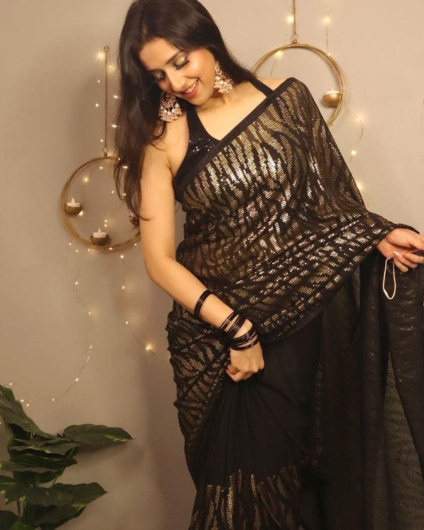 Black Color Soft Georgette With Sequence Embroidery work Party Wear Saree