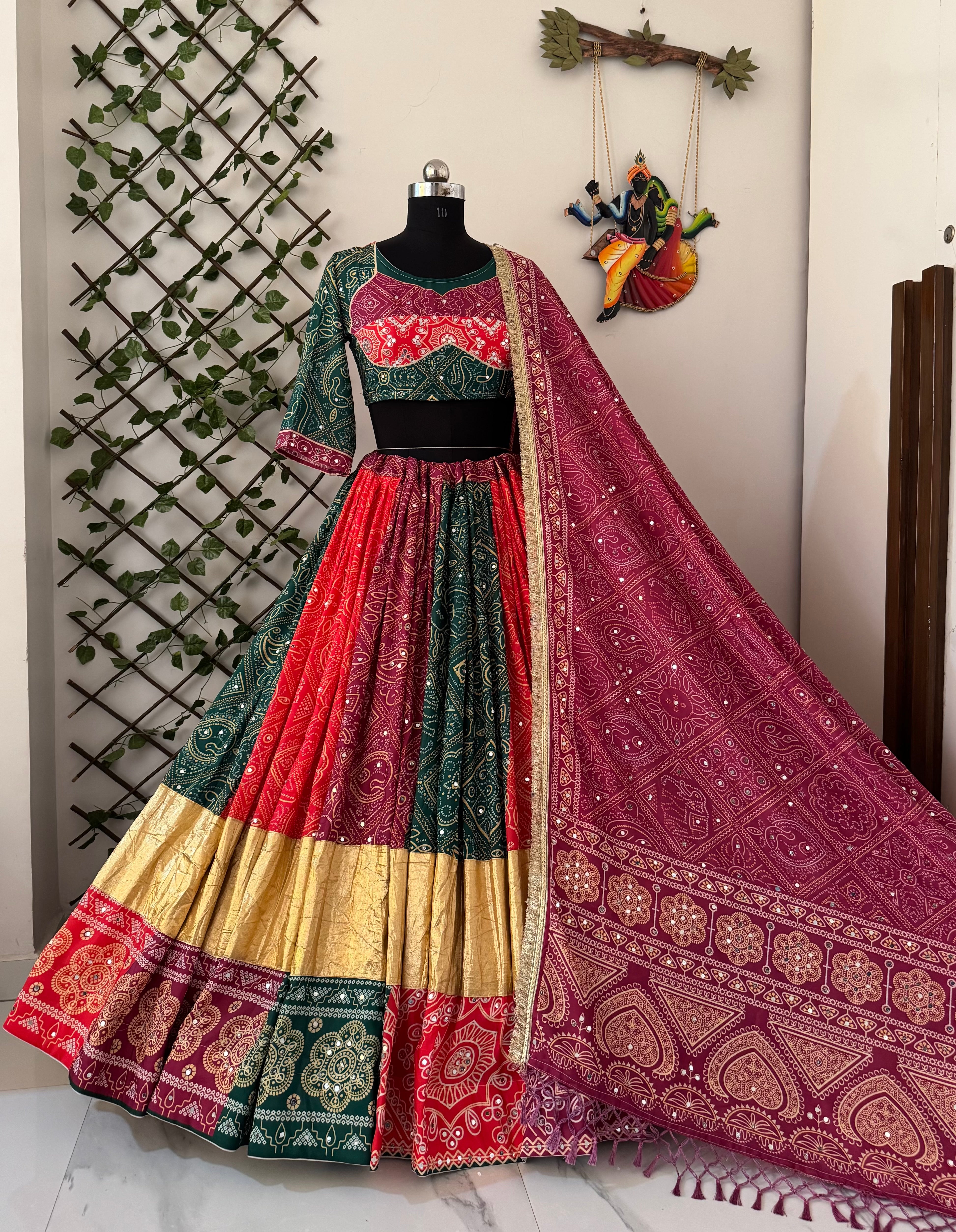 Red-Green Color Rajsthani Style Printed Garba Lehenga Choli