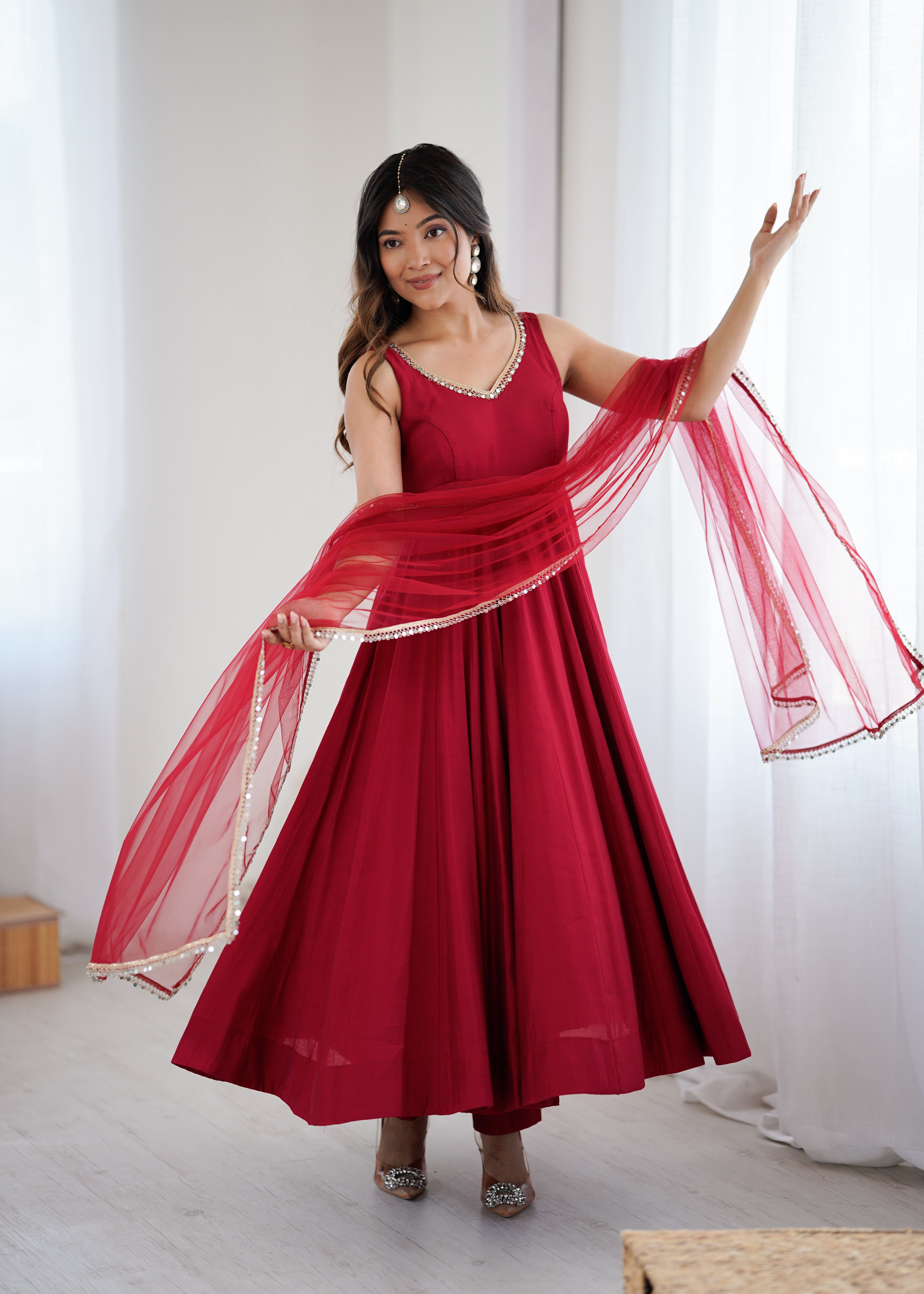 Red Color Silk Chanderi Designer Anarkali Dress