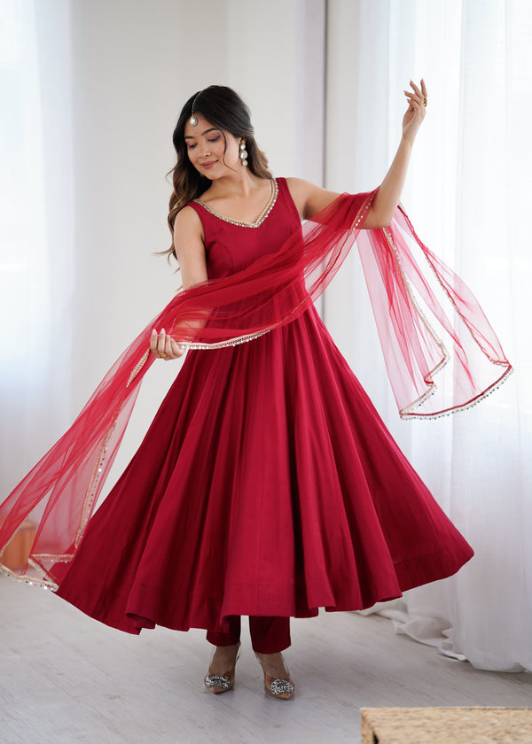 Red Color Silk Chanderi Designer Anarkali Dress