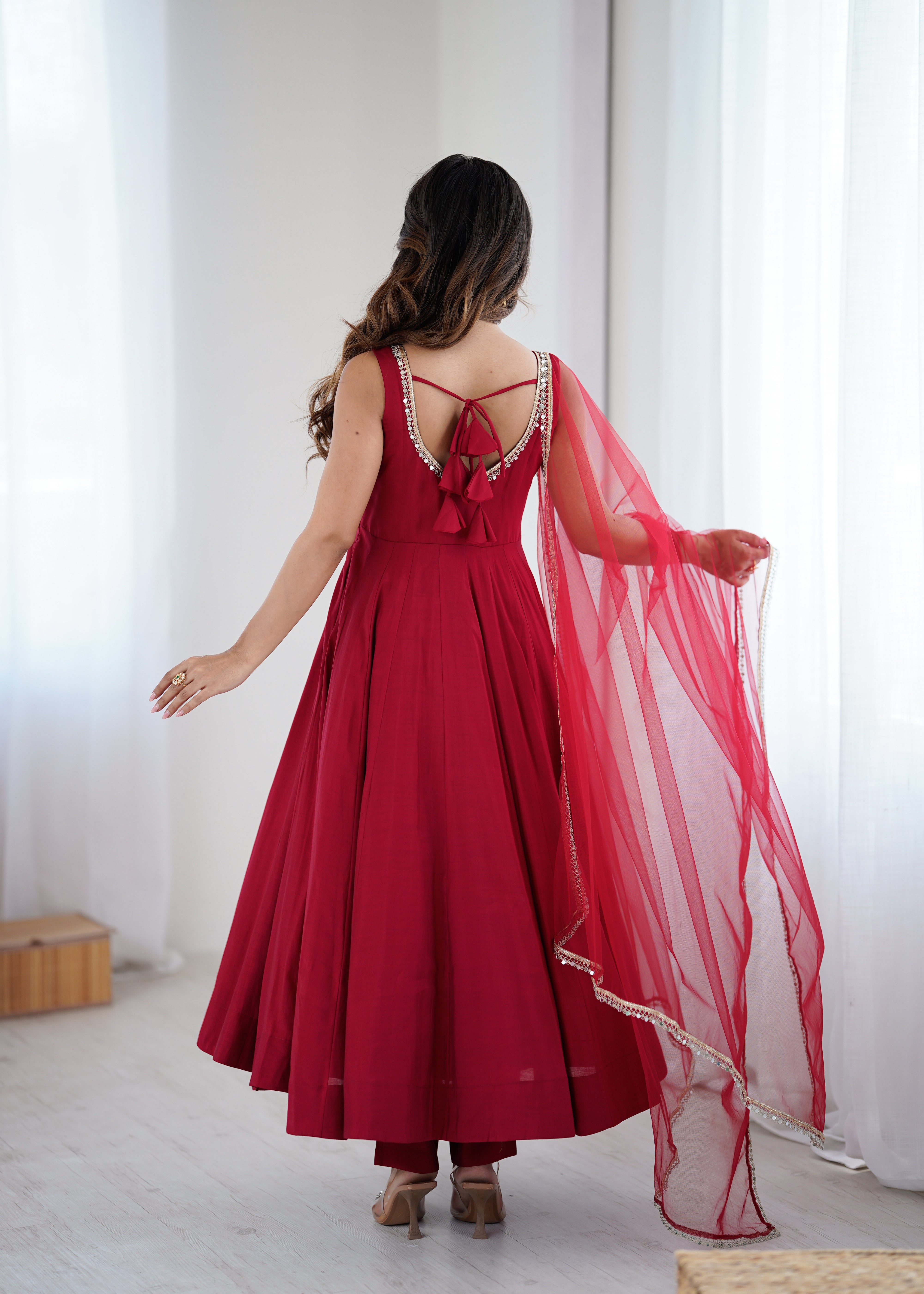 Red Color Silk Chanderi Designer Anarkali Dress