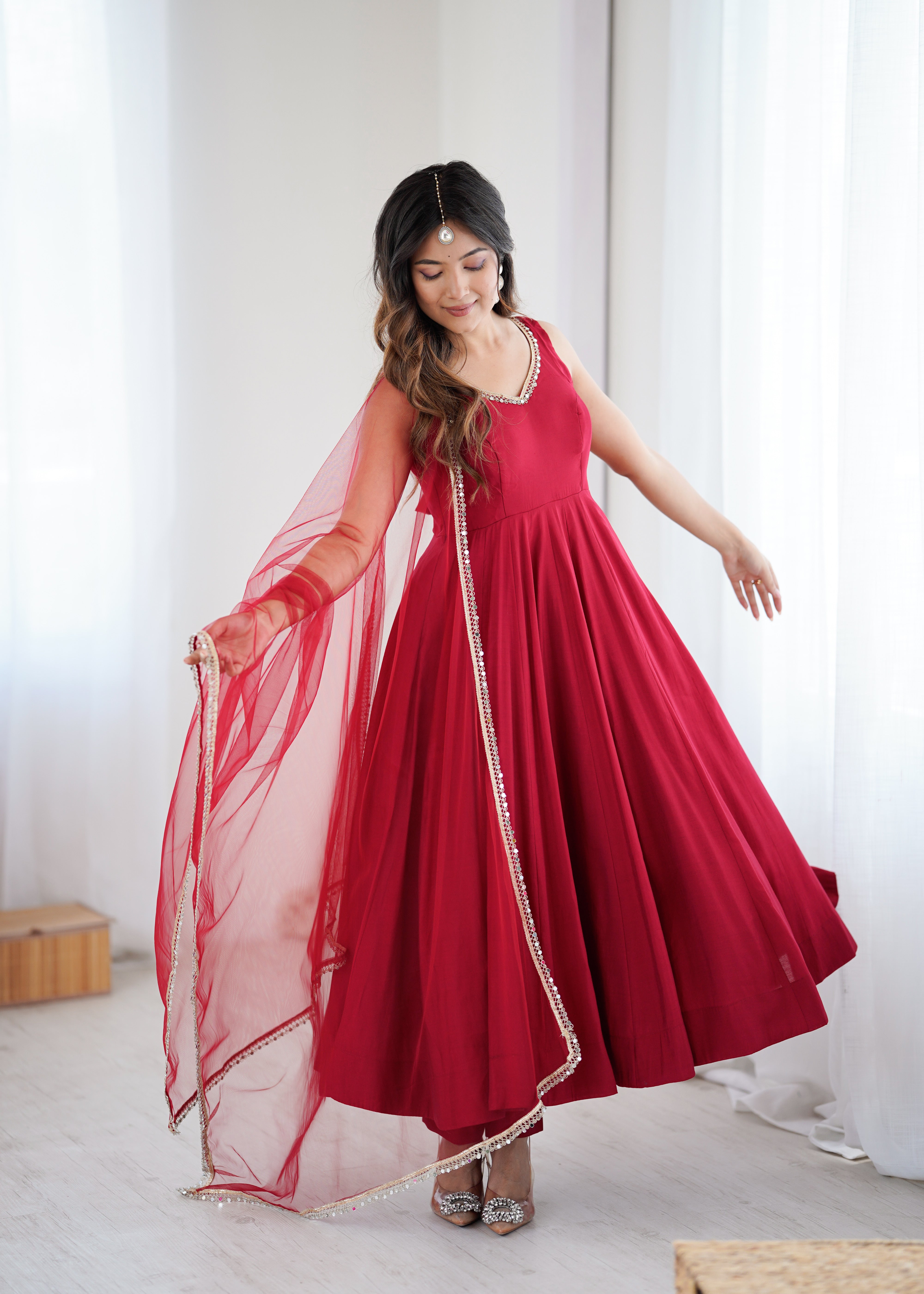 Red Color Silk Chanderi Designer Anarkali Dress