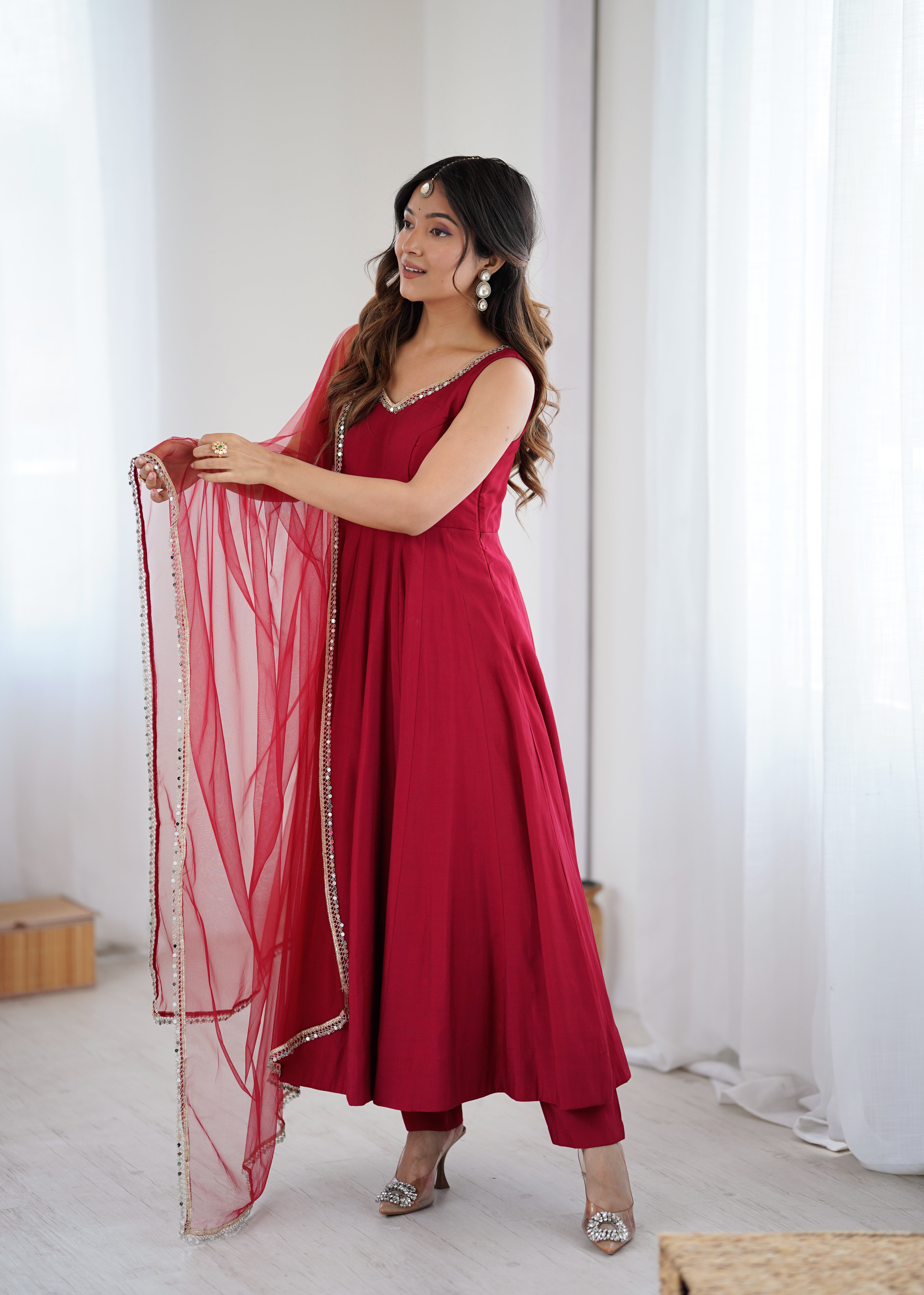 Red Color Silk Chanderi Designer Anarkali Dress