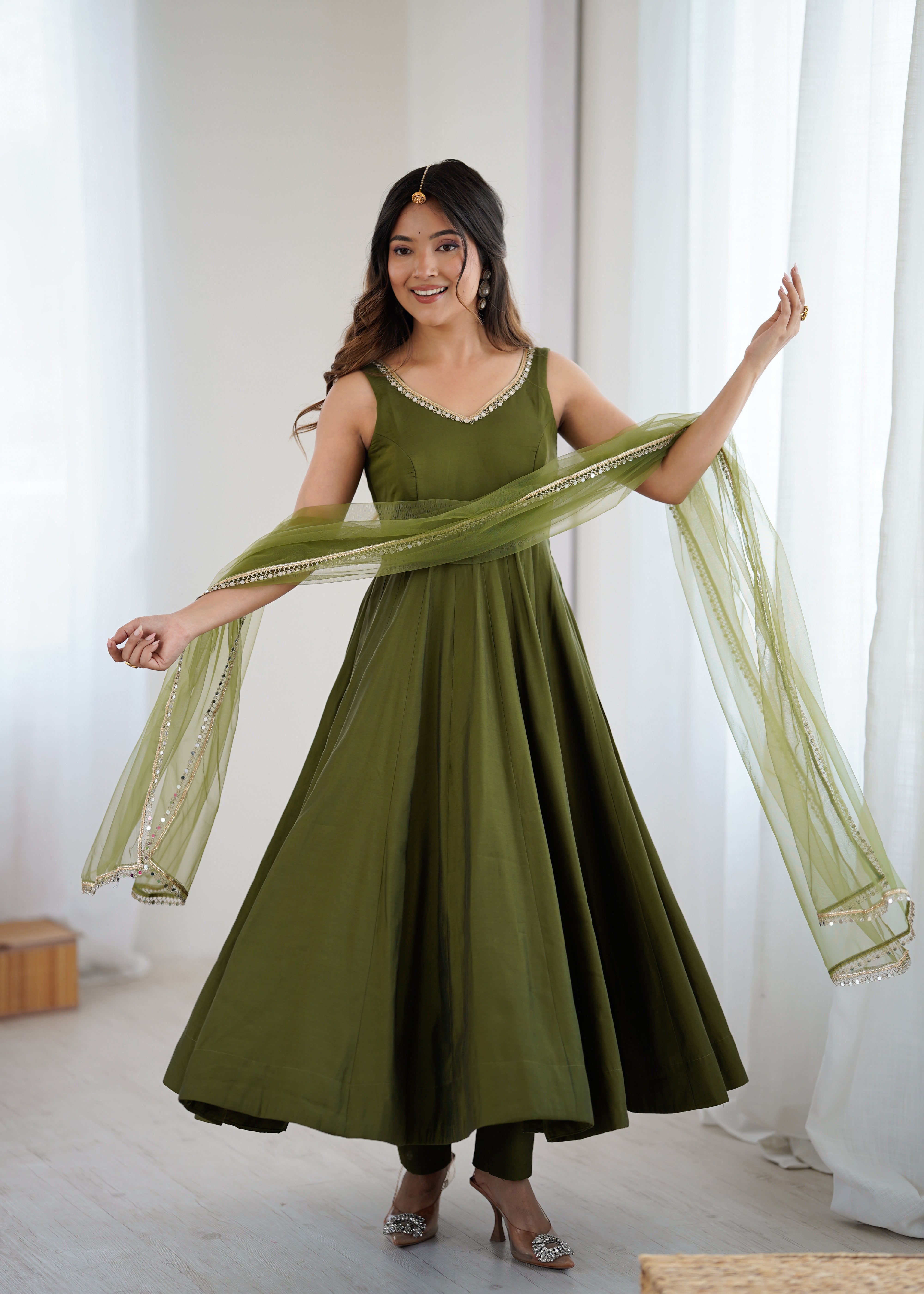 Green Color Silk Chanderi Designer Anarkali Dress