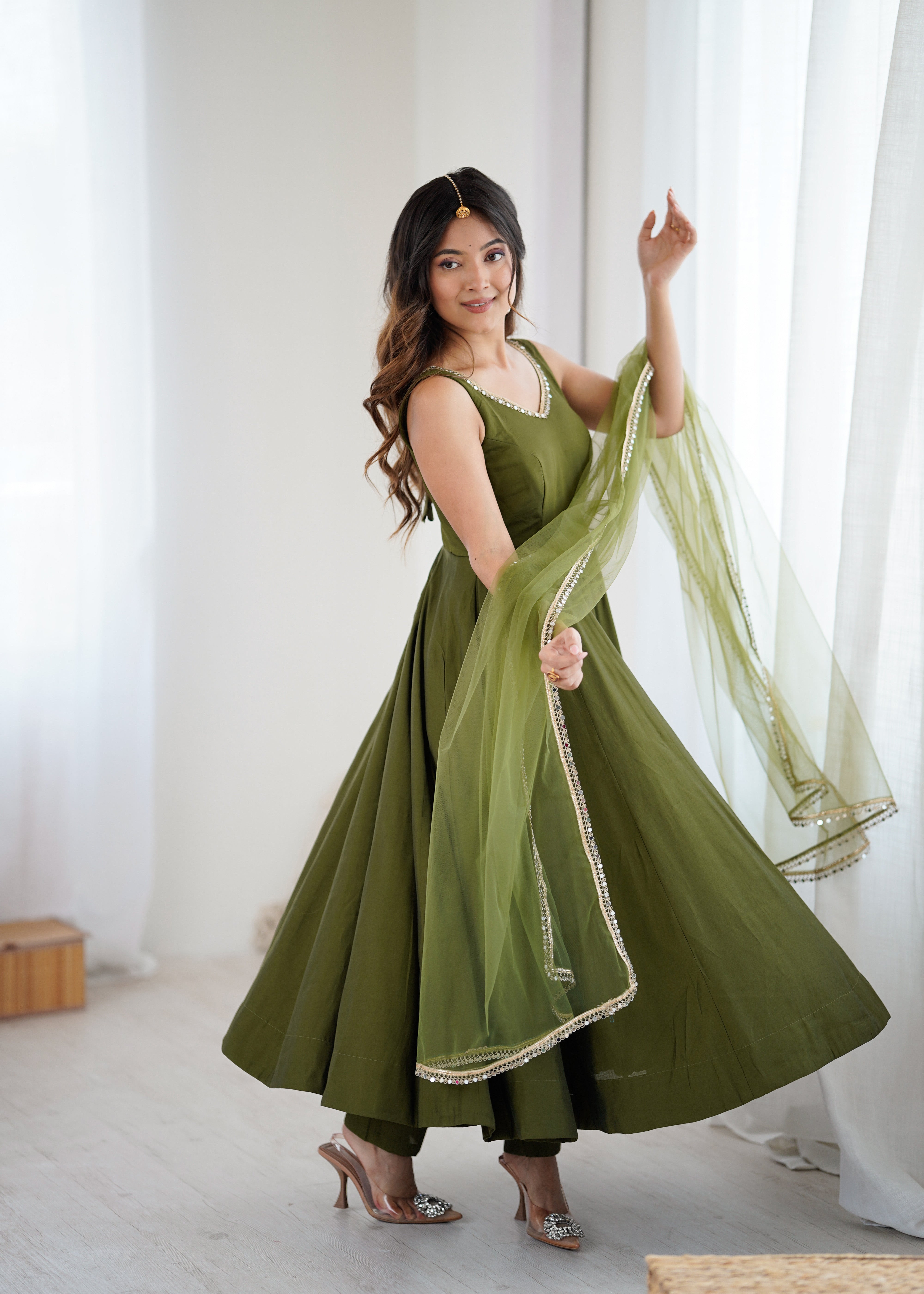 Green Color Silk Chanderi Designer Anarkali Dress