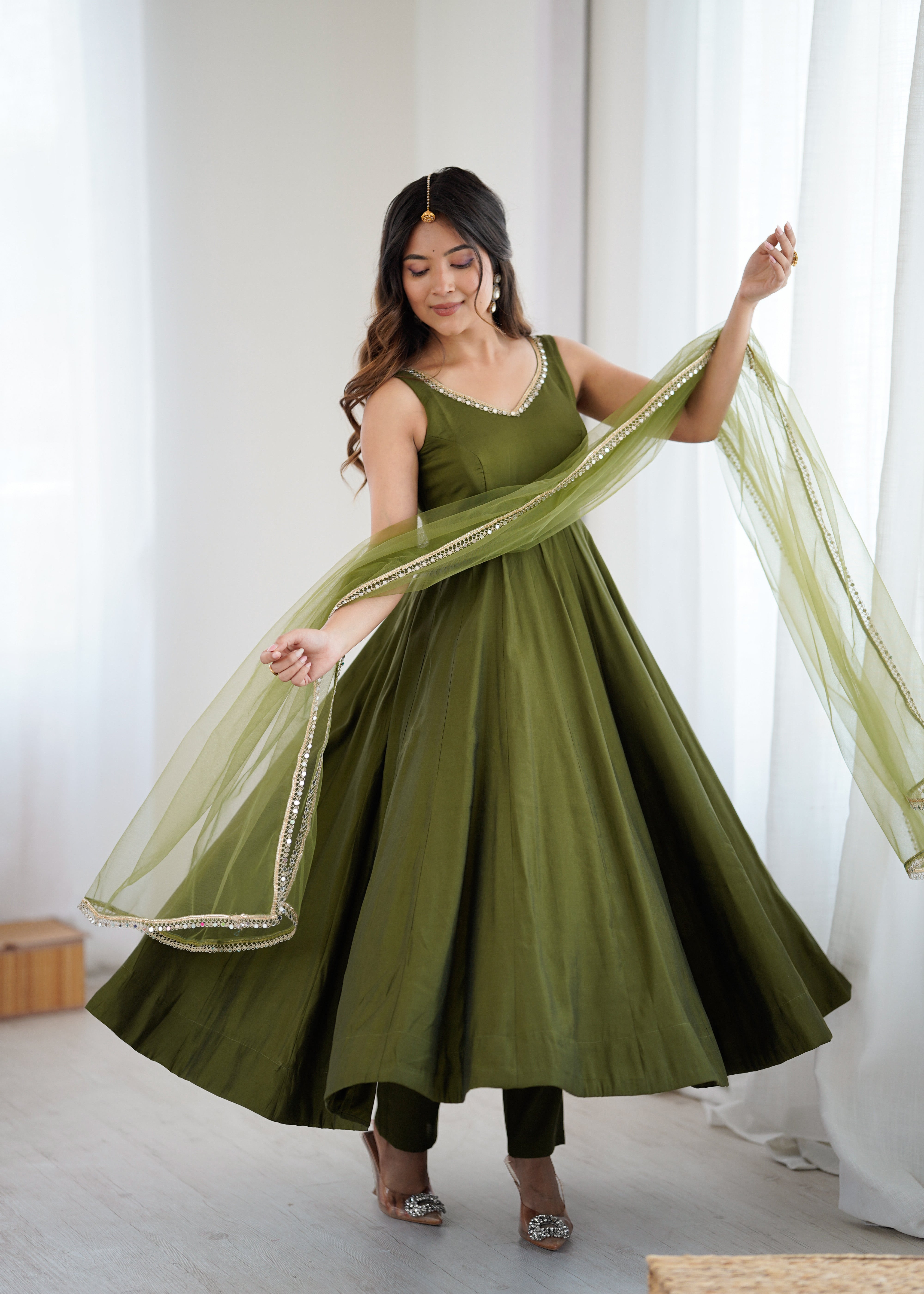 Green Color Silk Chanderi Designer Anarkali Dress