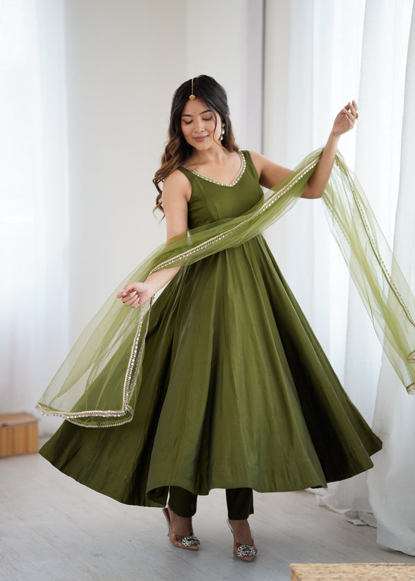 Green Color Silk Chanderi Designer Anarkali Dress