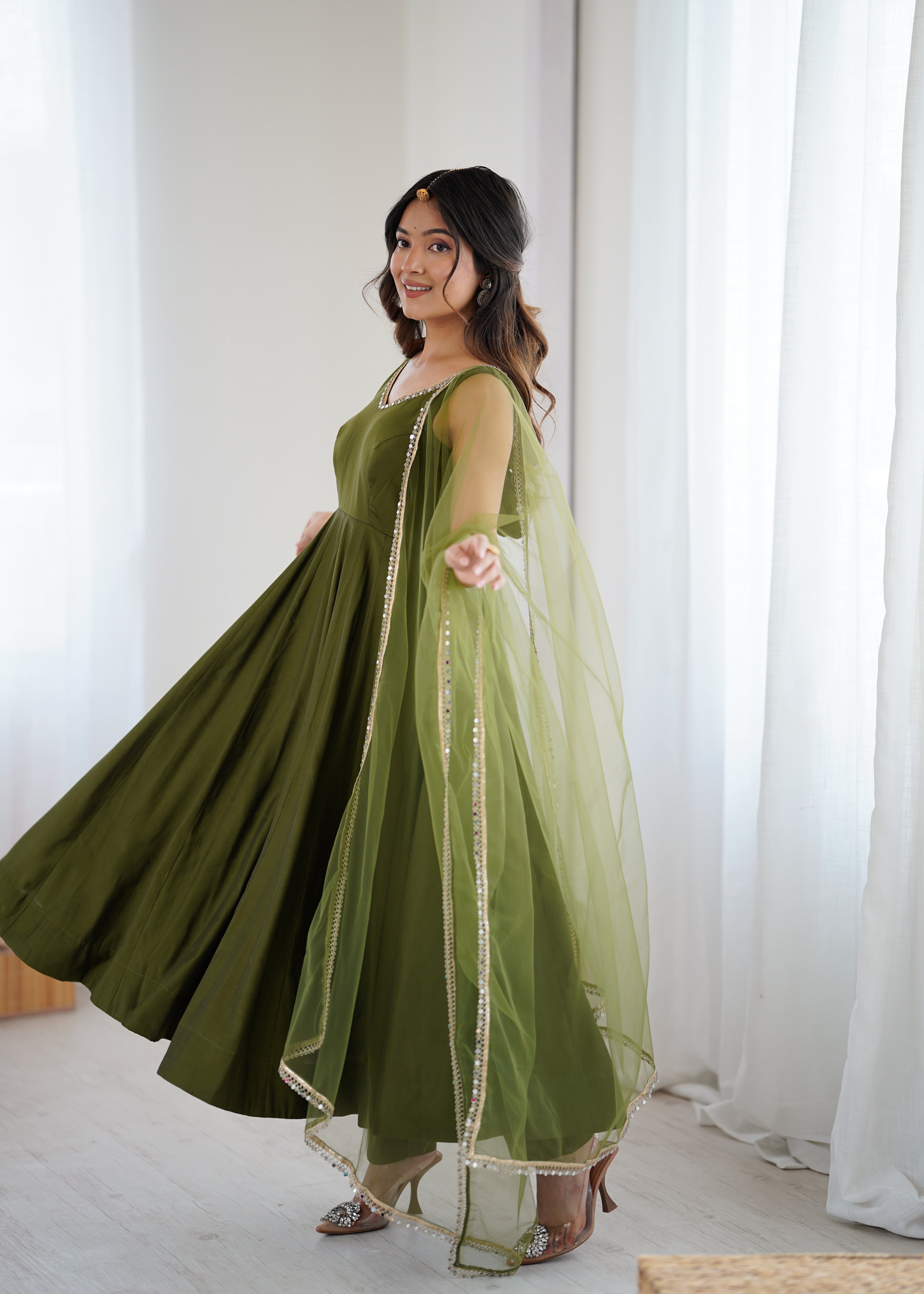Green Color Silk Chanderi Designer Anarkali Dress