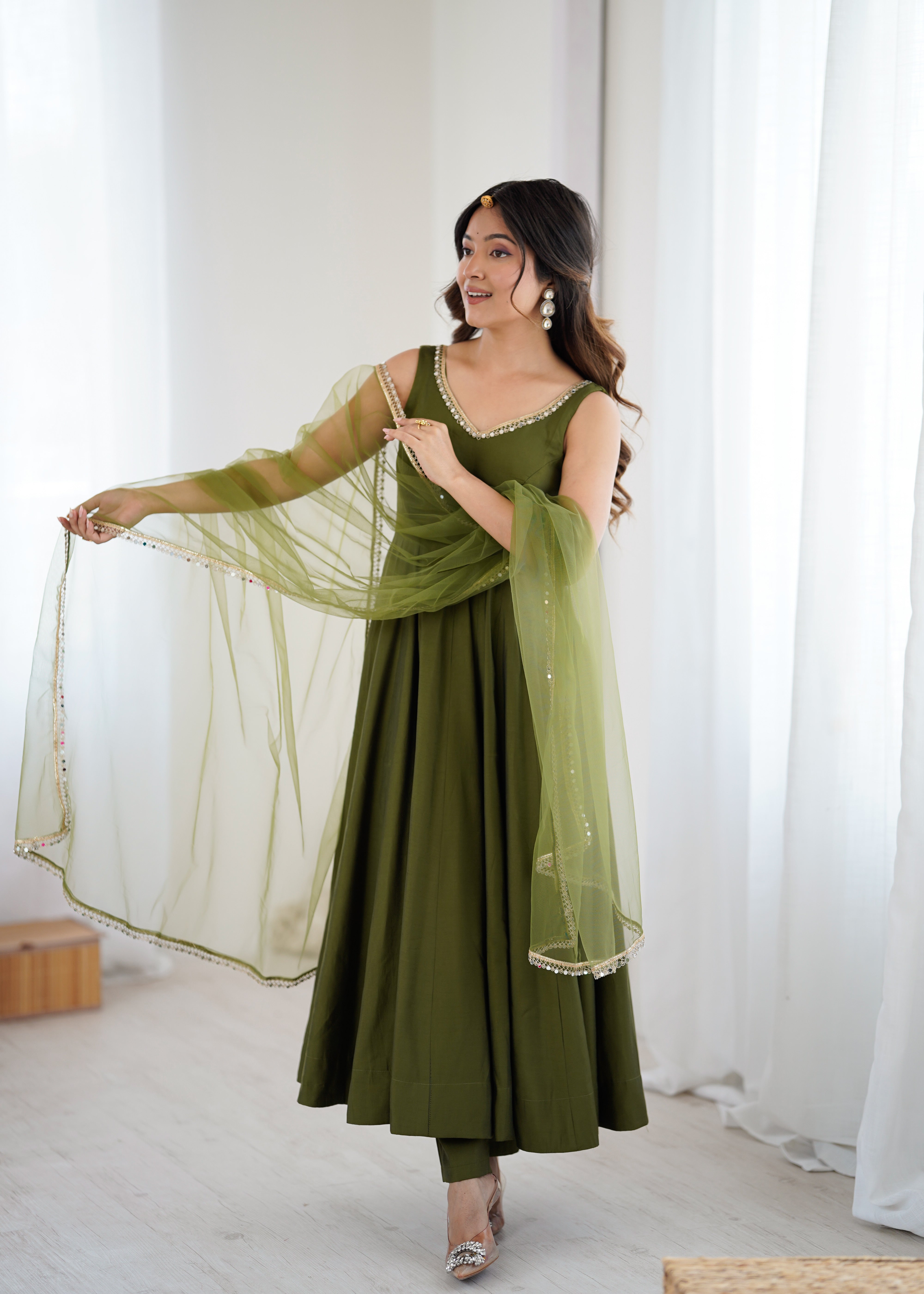 Green Color Silk Chanderi Designer Anarkali Dress