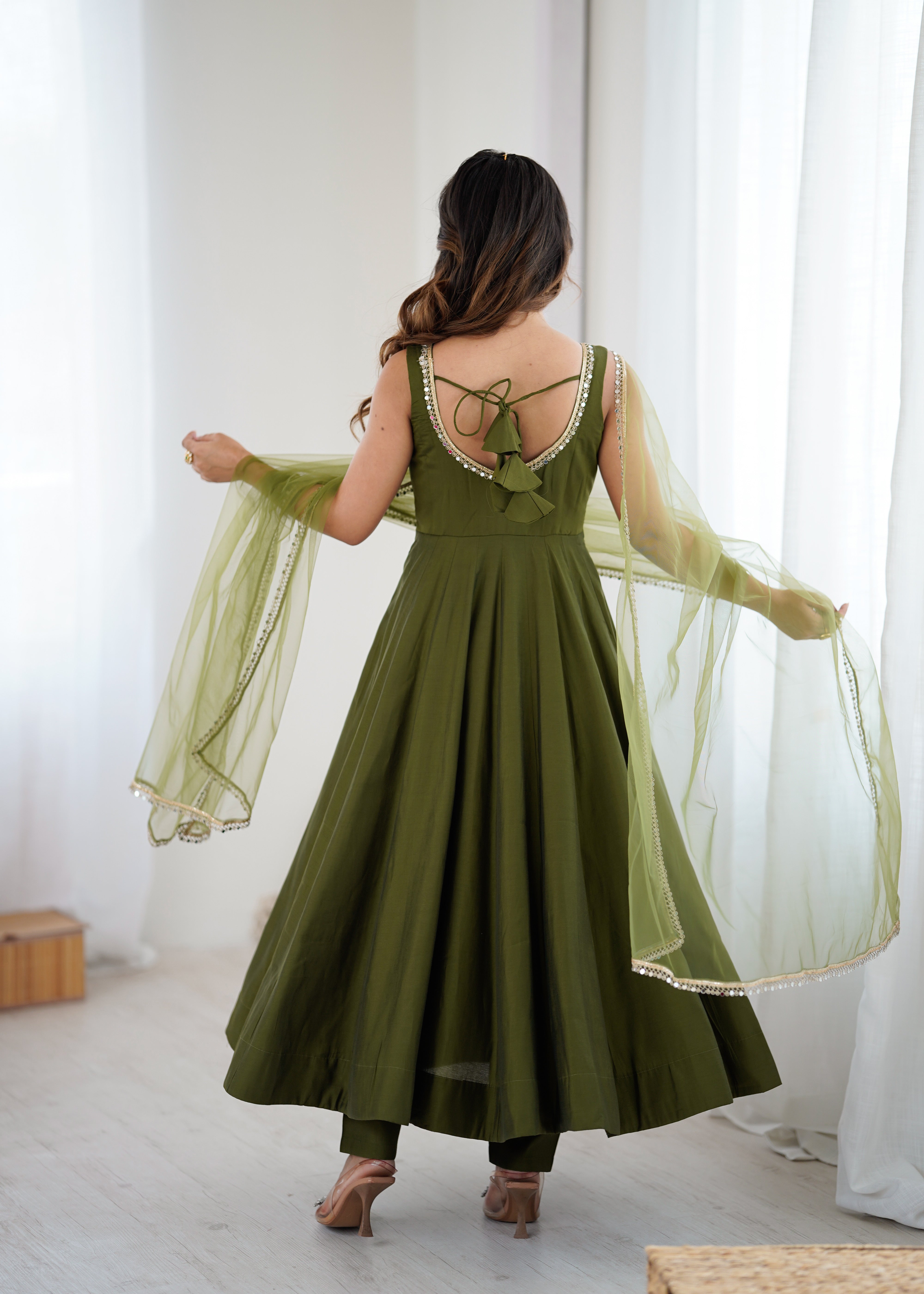 Green Color Silk Chanderi Designer Anarkali Dress