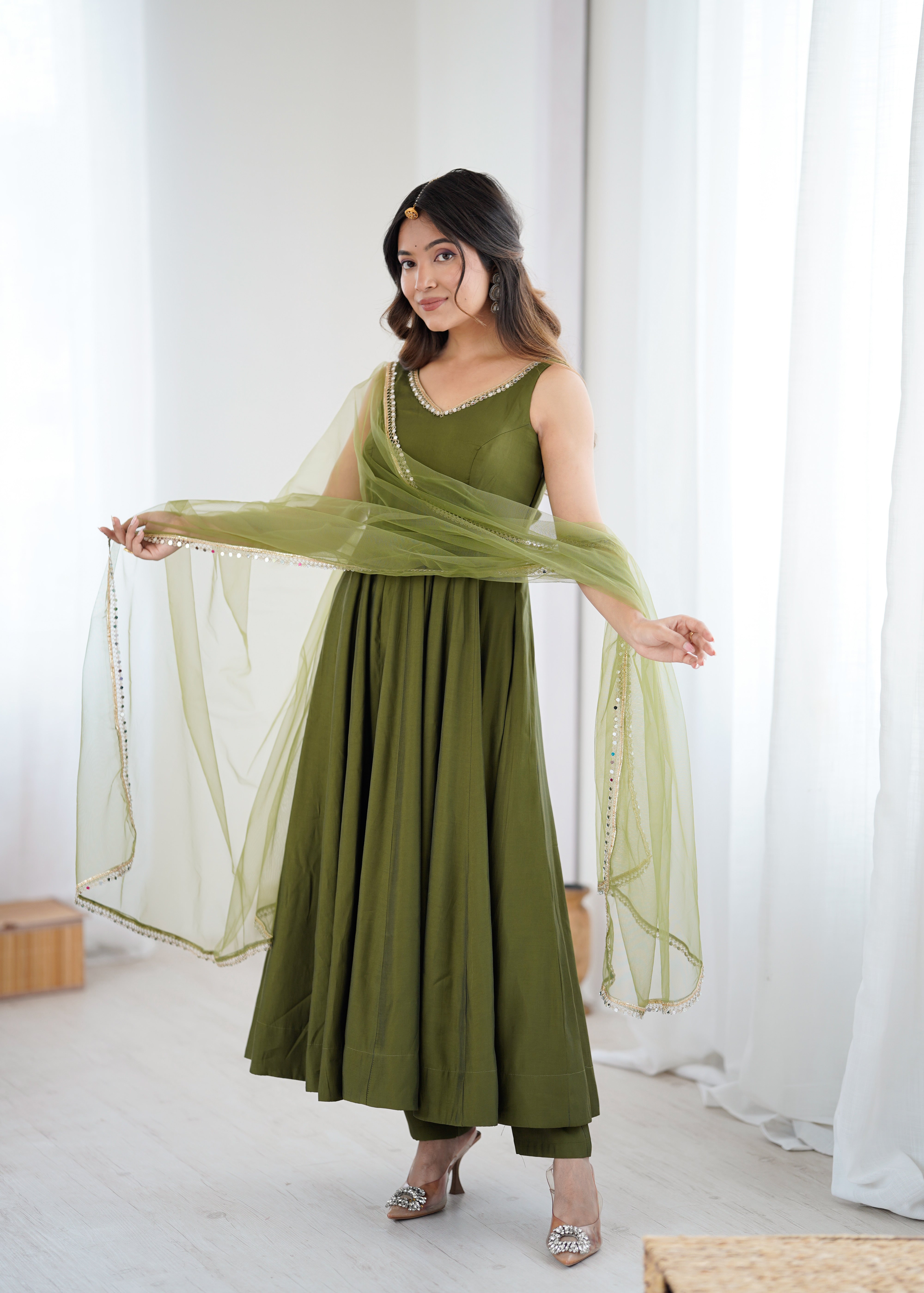 Green Color Silk Chanderi Designer Anarkali Dress