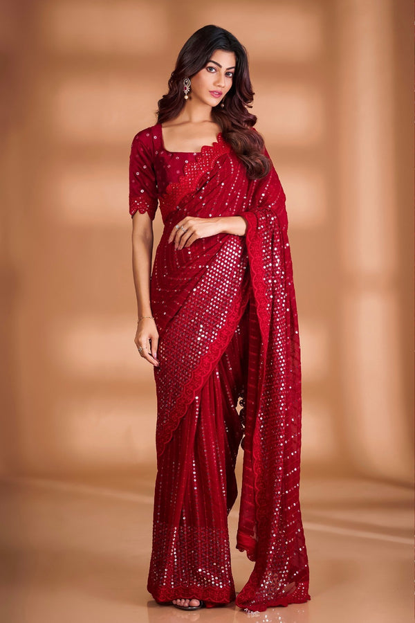 RED Color  Georgette Fabric With Sequence embroidery  Work Party Wear Saree